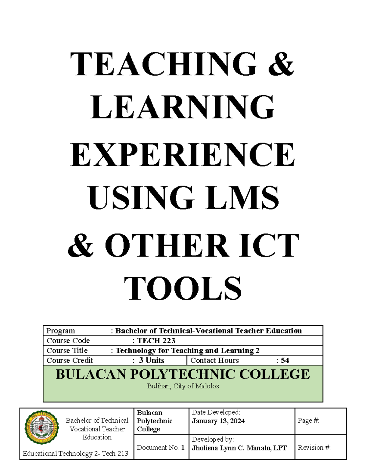 TECH 223 Infosheet 4 - Bachelor of Technical Vocational Teacher ...