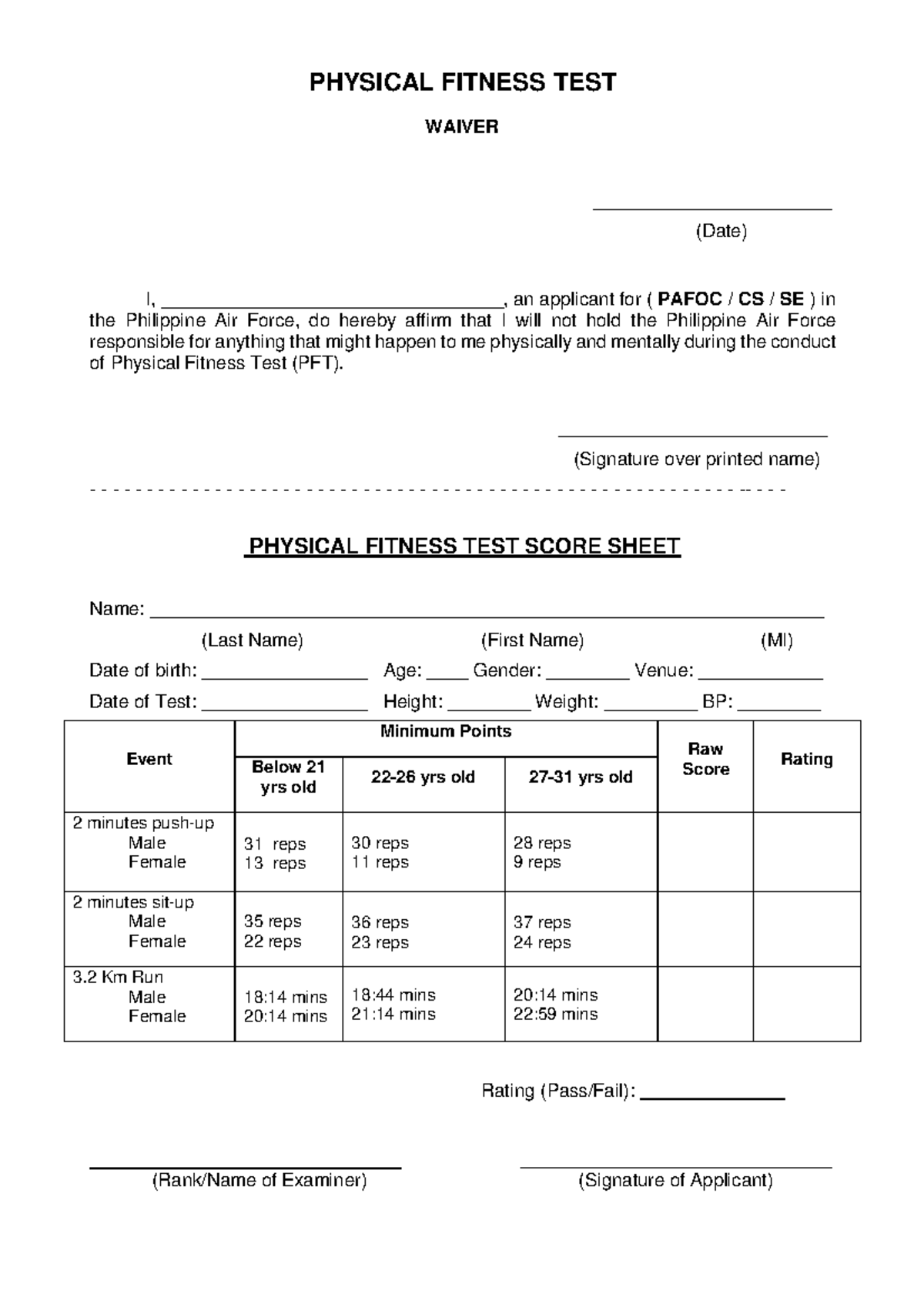 PFT-FORM - PHYSICAL FITNESS TEST WAIVER _______________________ (Date ...