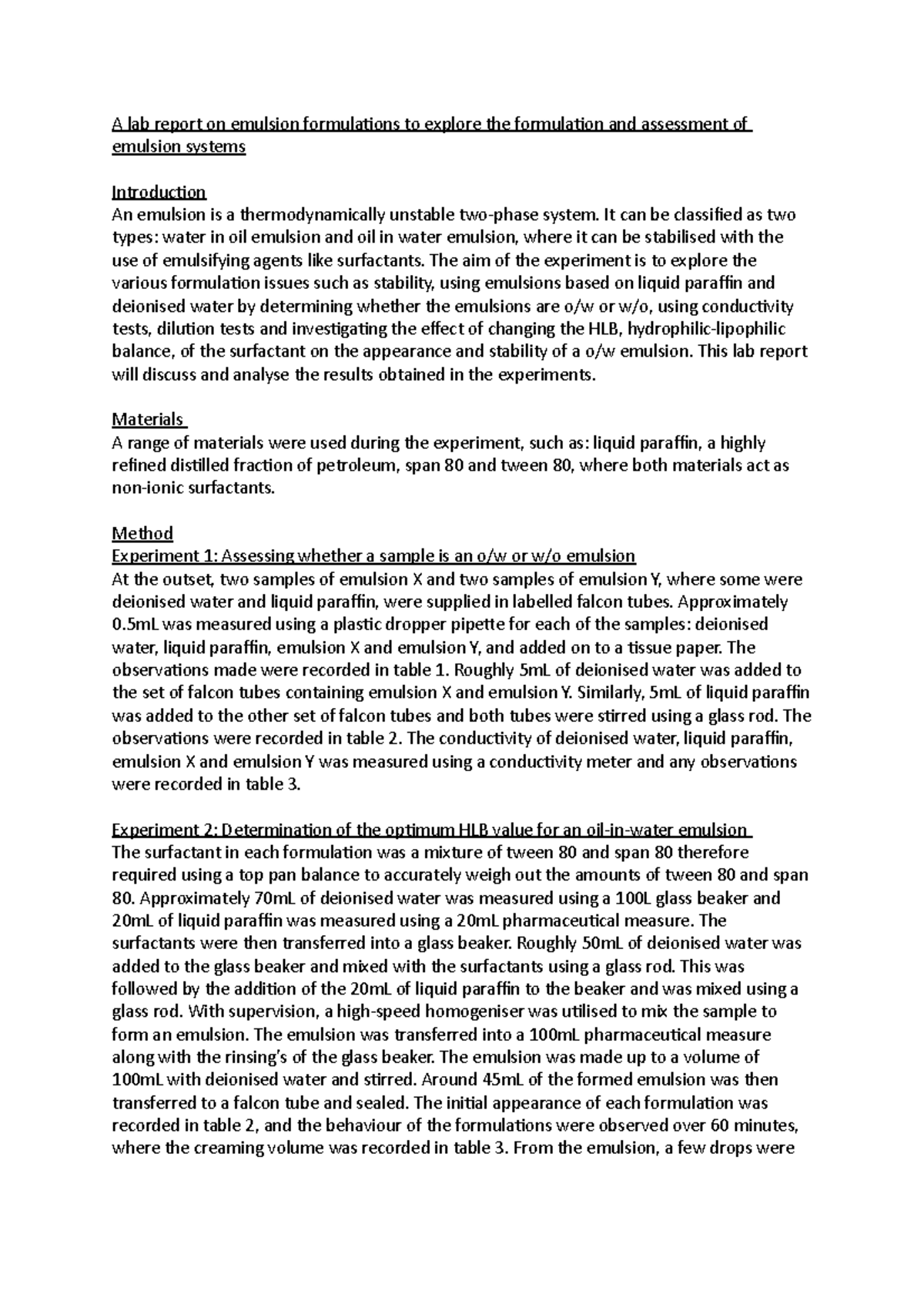 Emulsion cw A lab report on emulsion formulations to explore the