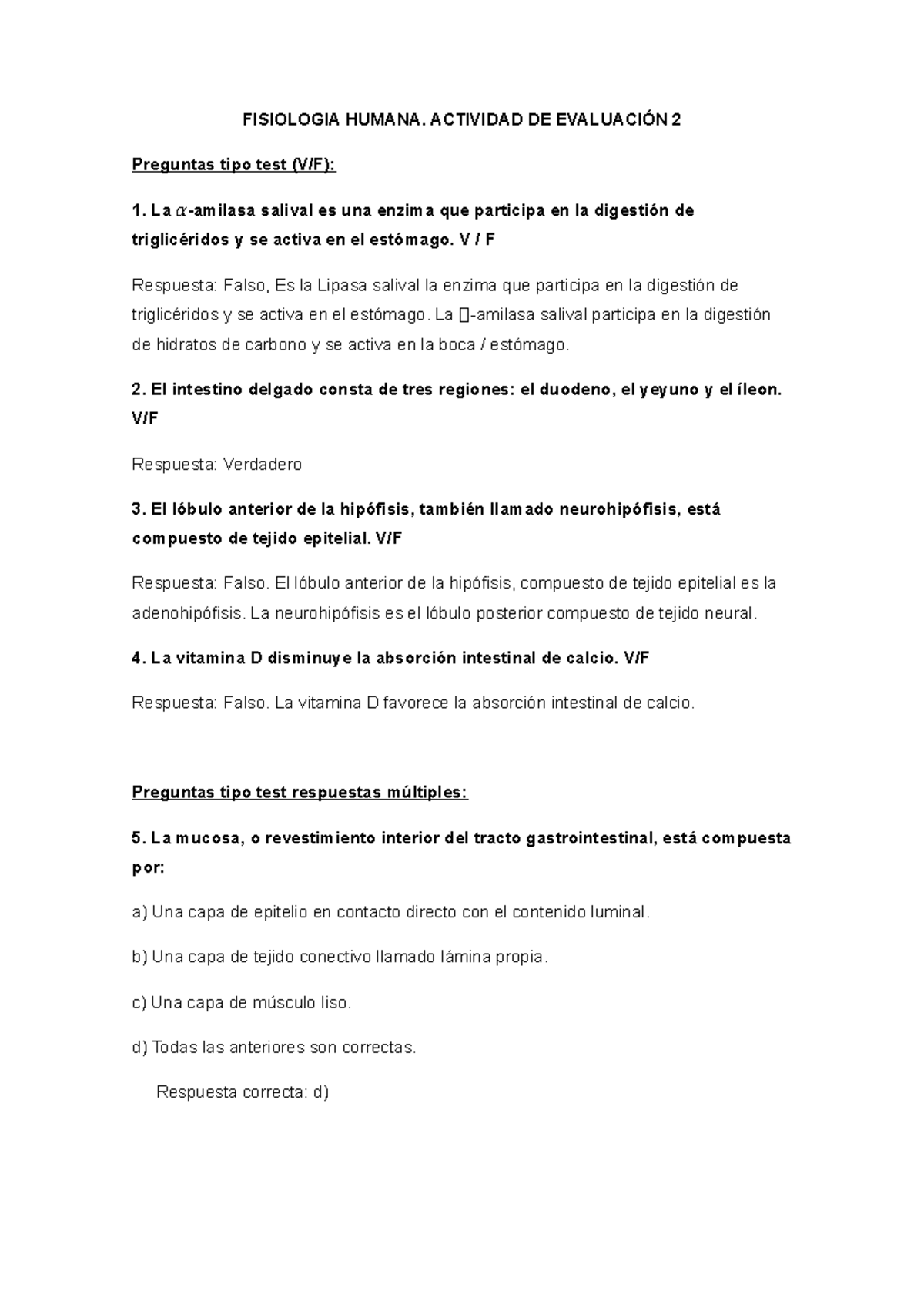 Fisio - FISIOLOGIA HUMANA. ACTIVIDAD DE EVALUACIÓN 2 **Preguntas Tipo ...