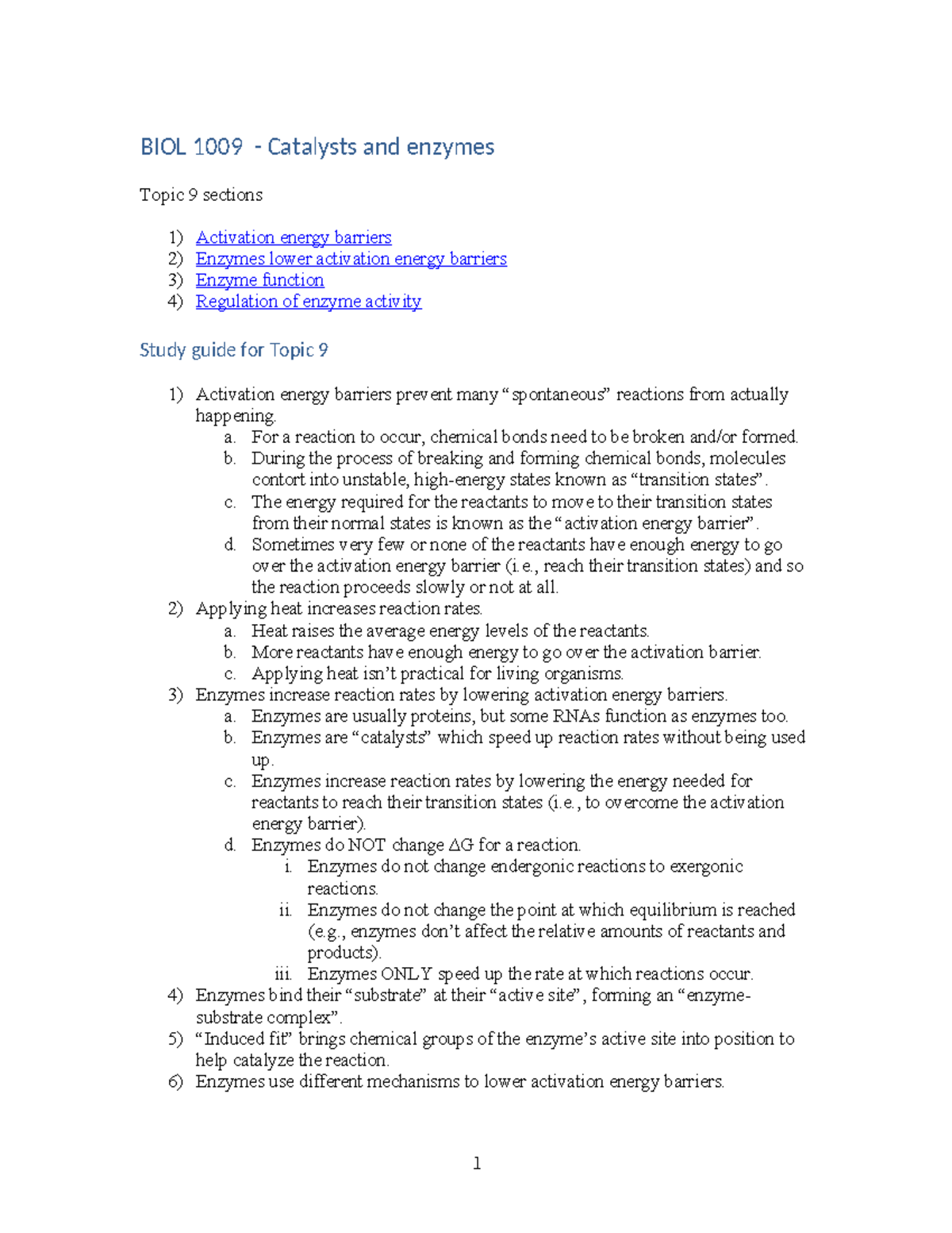 09+Handout+topic+9+2024 - BIOL 1009 - Catalysts and enzymes Topic 9 ...