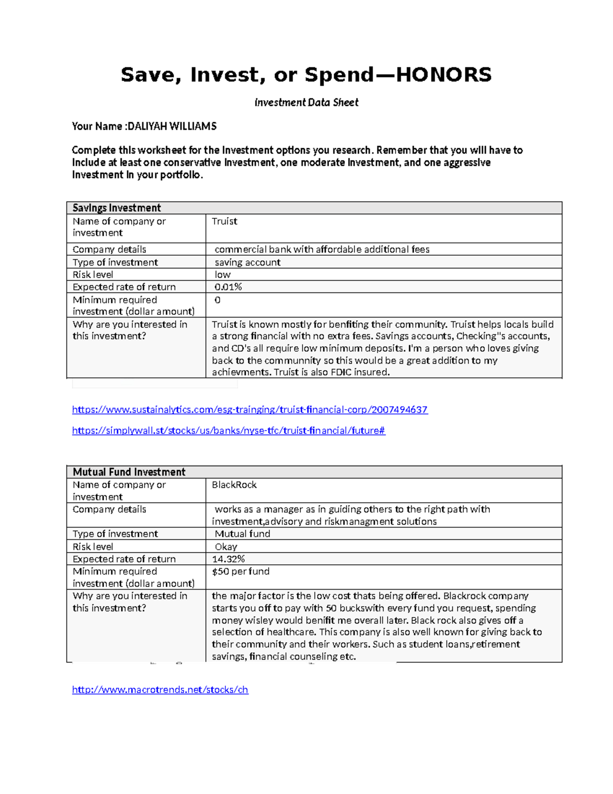 Investment honors data sheet template Save, Invest, or Spend—HONORS
