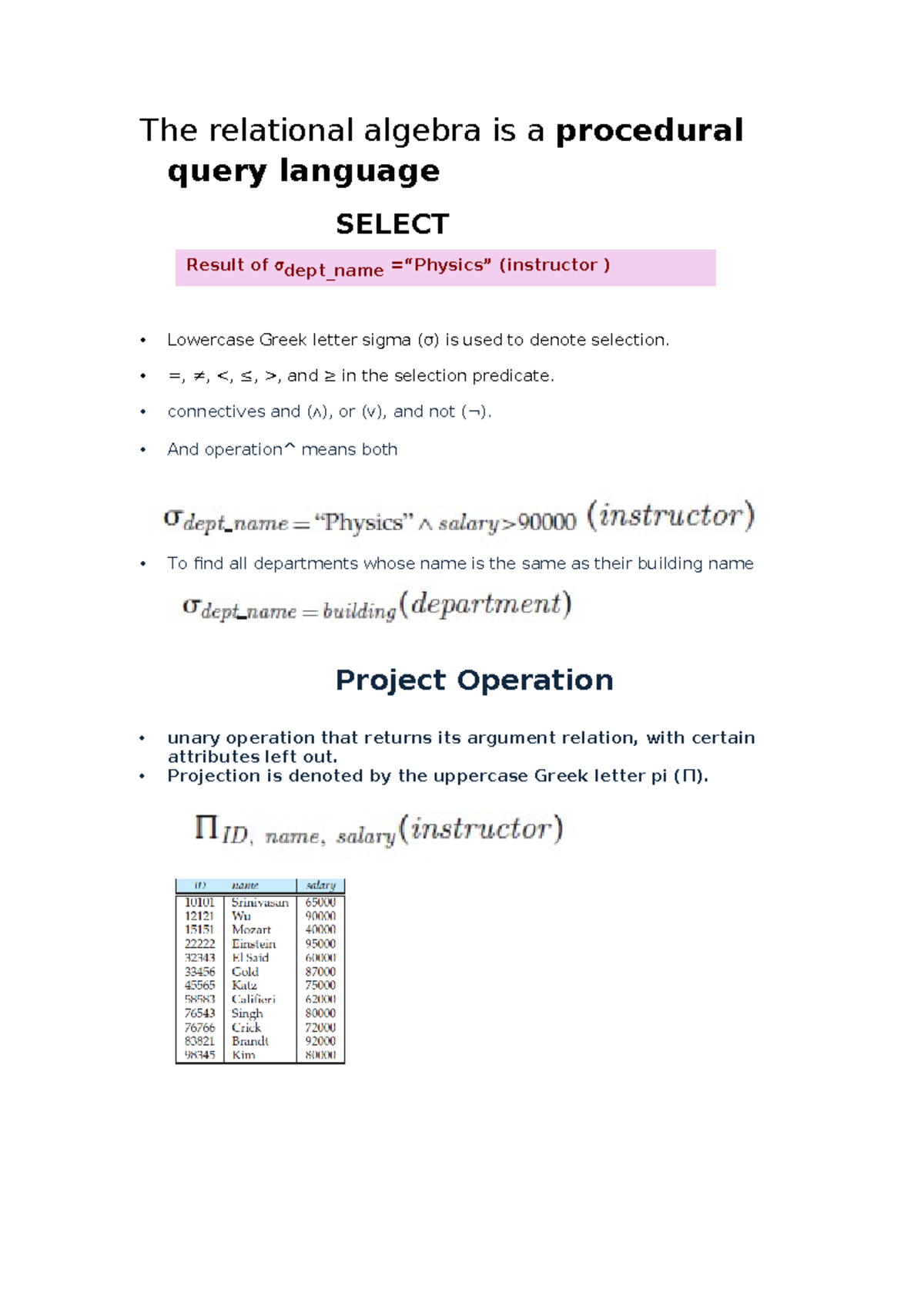 The relational algebra is a procedural query language - The relational ...