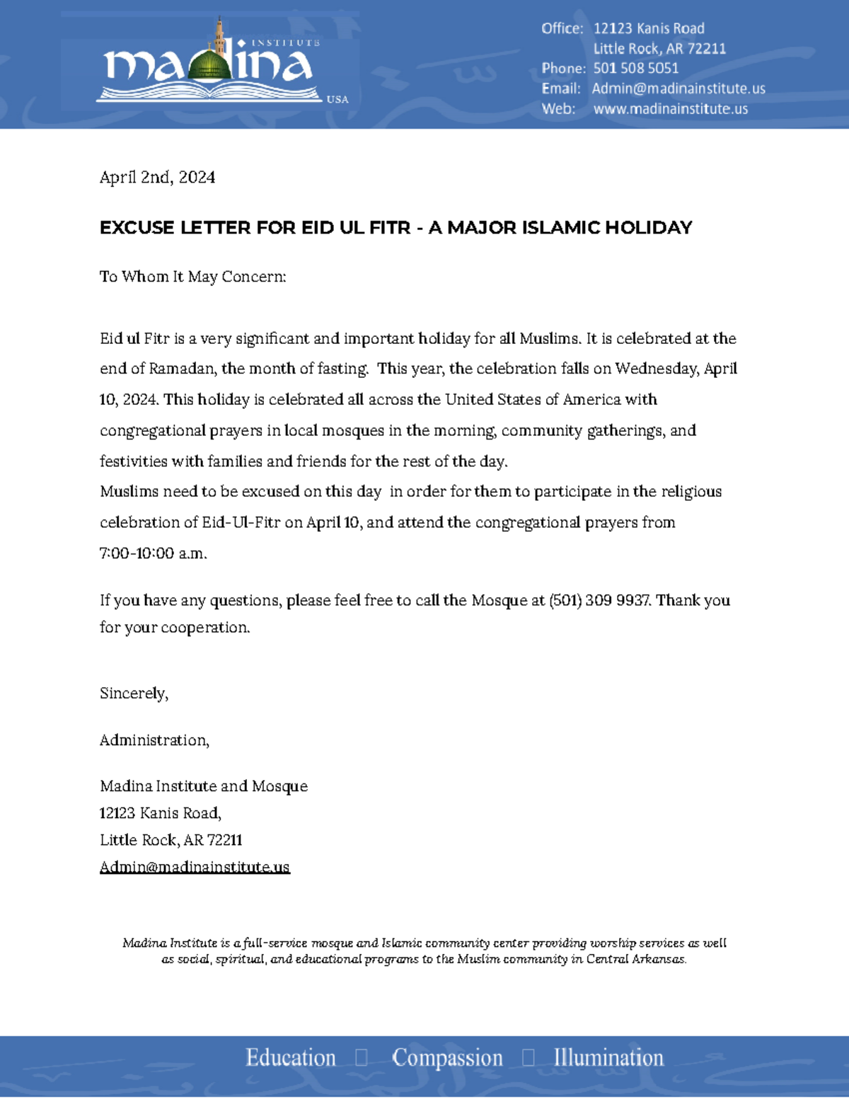 Eid Excuse Letter nothing April 2nd, 2024 EXCUSE LETTER FOR EID UL