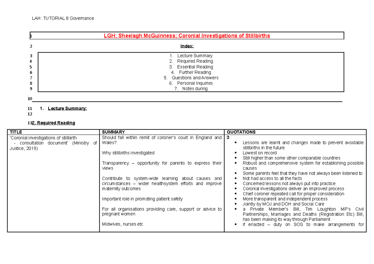 Tutorial 8 - Master Document - Coronial Still Births - LGH: Sheelagh ...