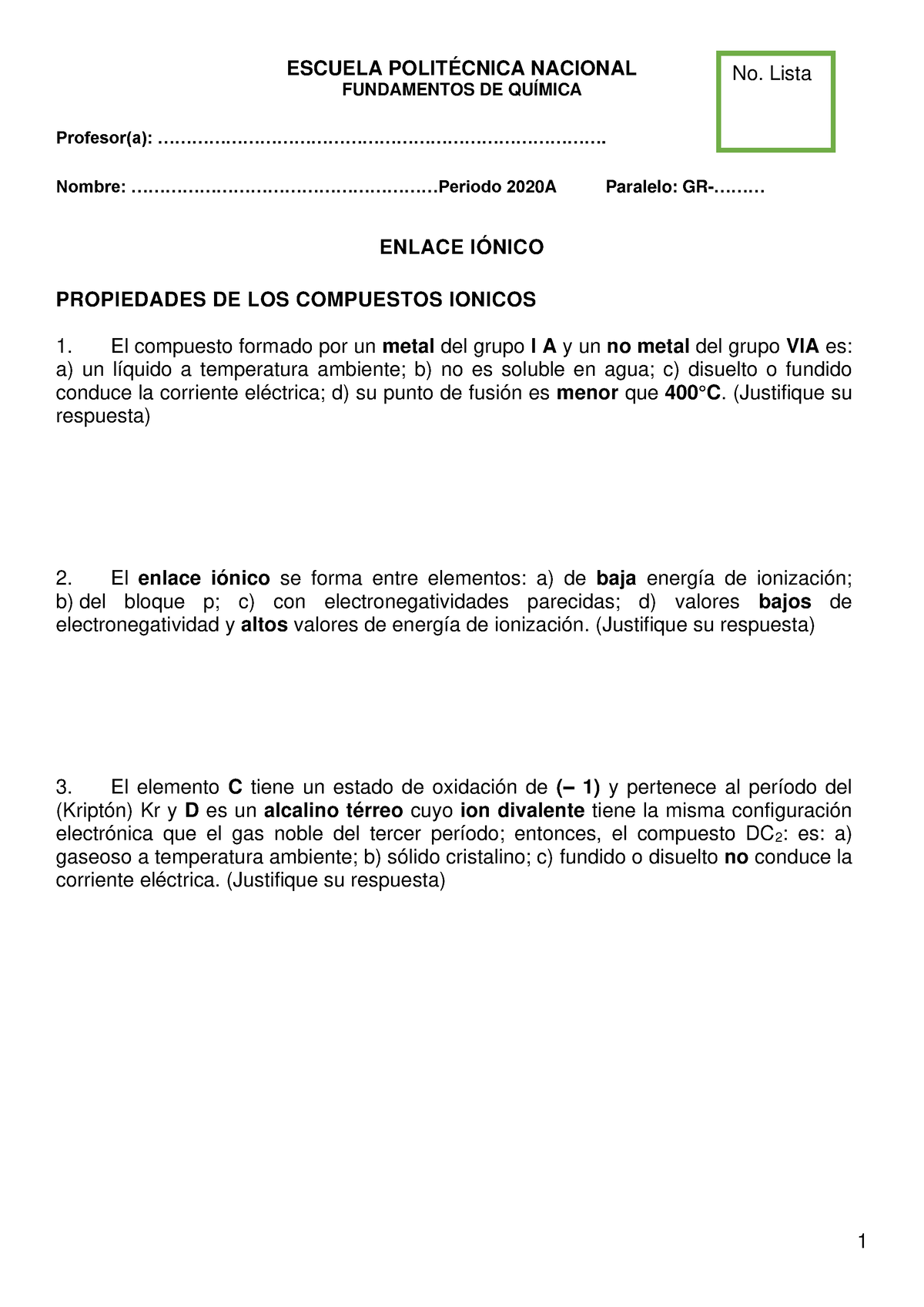 Pr Tica Y Resumen Enlace I Nico Y Covalente Escuela Polit Cnica Nacional Fundamentos De