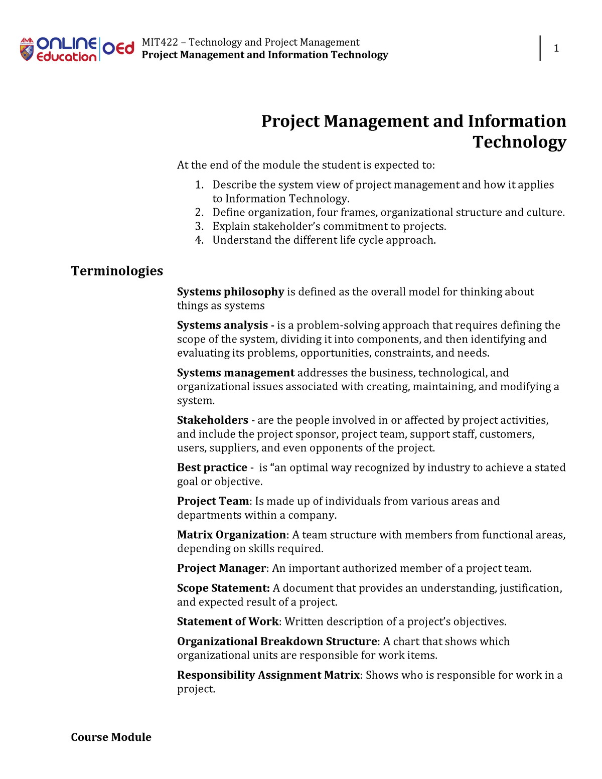 Module 2 - PROJECT MANAGEMENT - MIT422 – Technology And Project ...