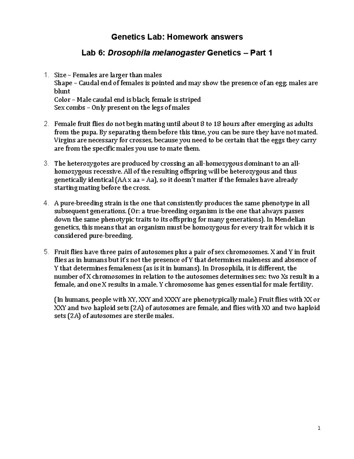 Lab 6 Hwk Answers 1 Lab Homework answers Lab 6 Drosophila