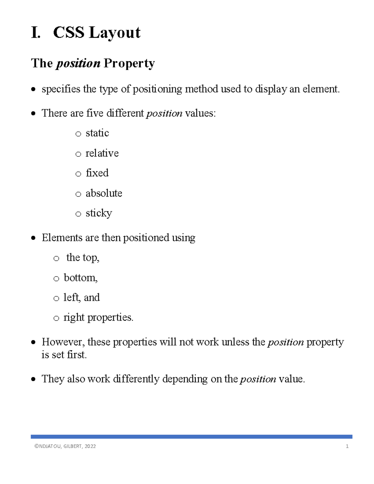 CSS Layout Notes - I. CSS Layout The Position Property X Specifies The ...