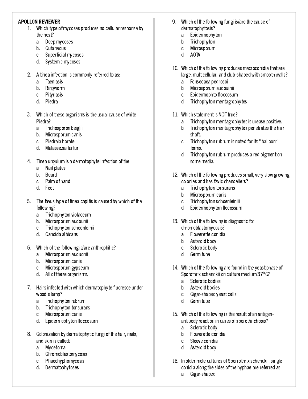 Apollon Reviewer - MYCOLOGY MIDTERMS - APOLLON REVIEWER Which type of ...