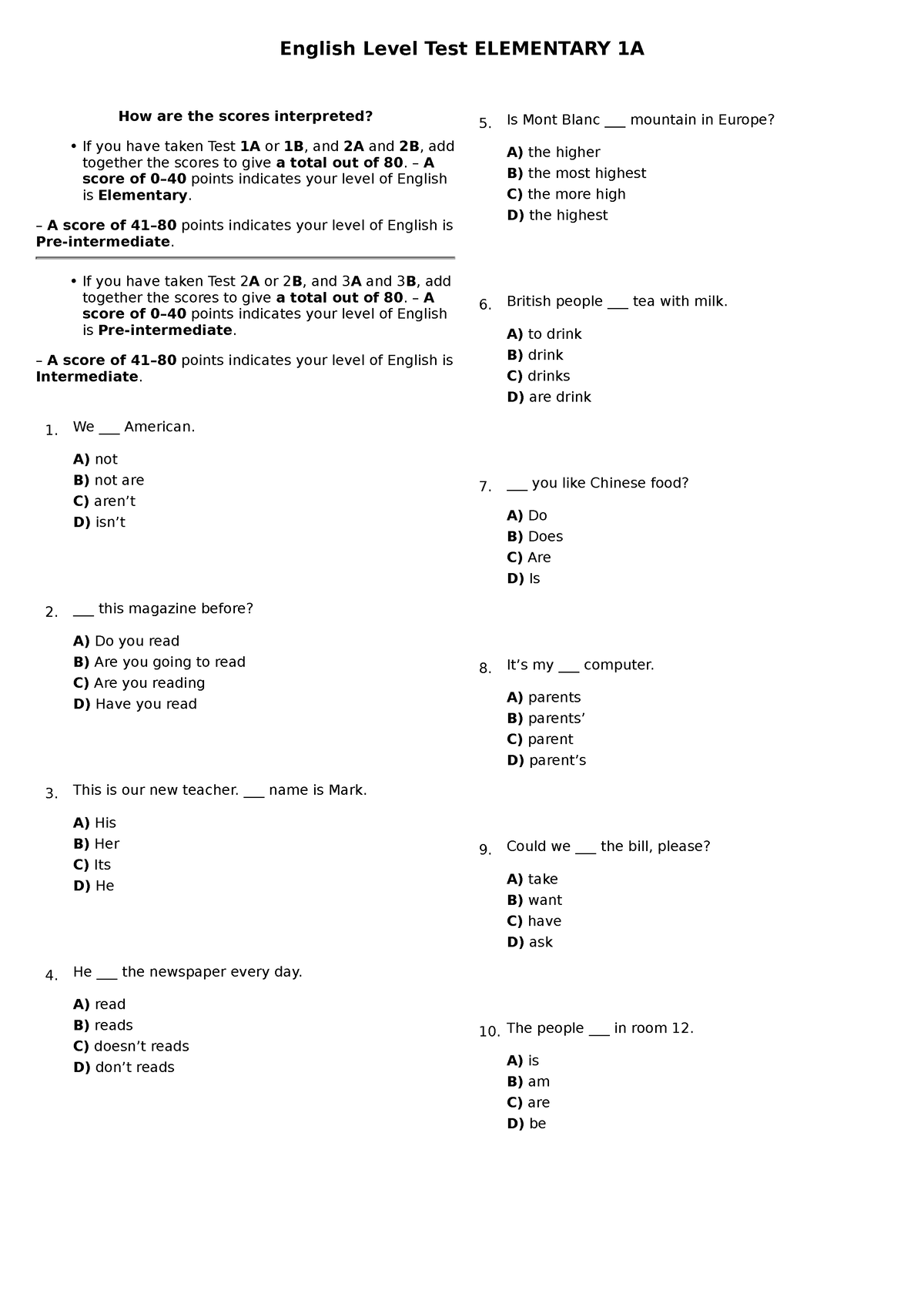 English Level Test Pdf Elementary A1 With Answers Englishtestpdf If 