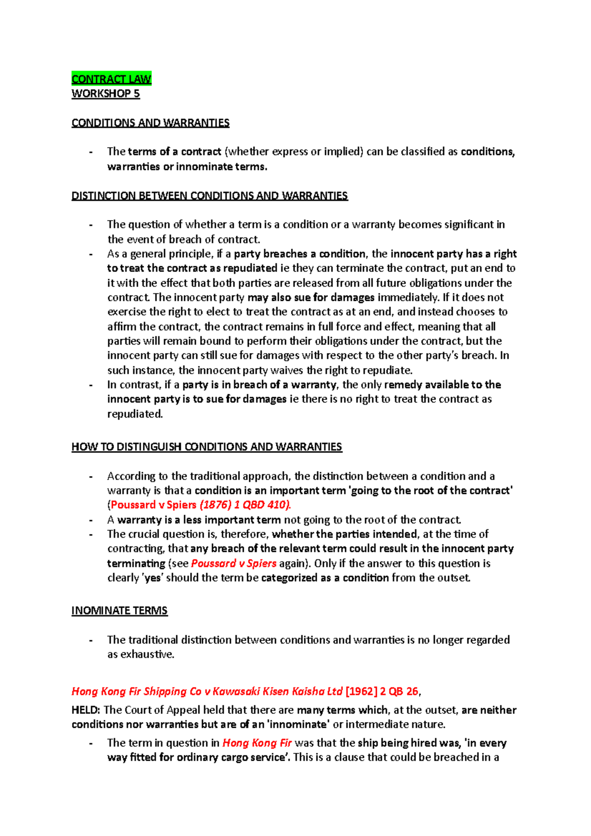 Conditions AND Warranties CONTRACT LAW 5 CONDITIONS AND