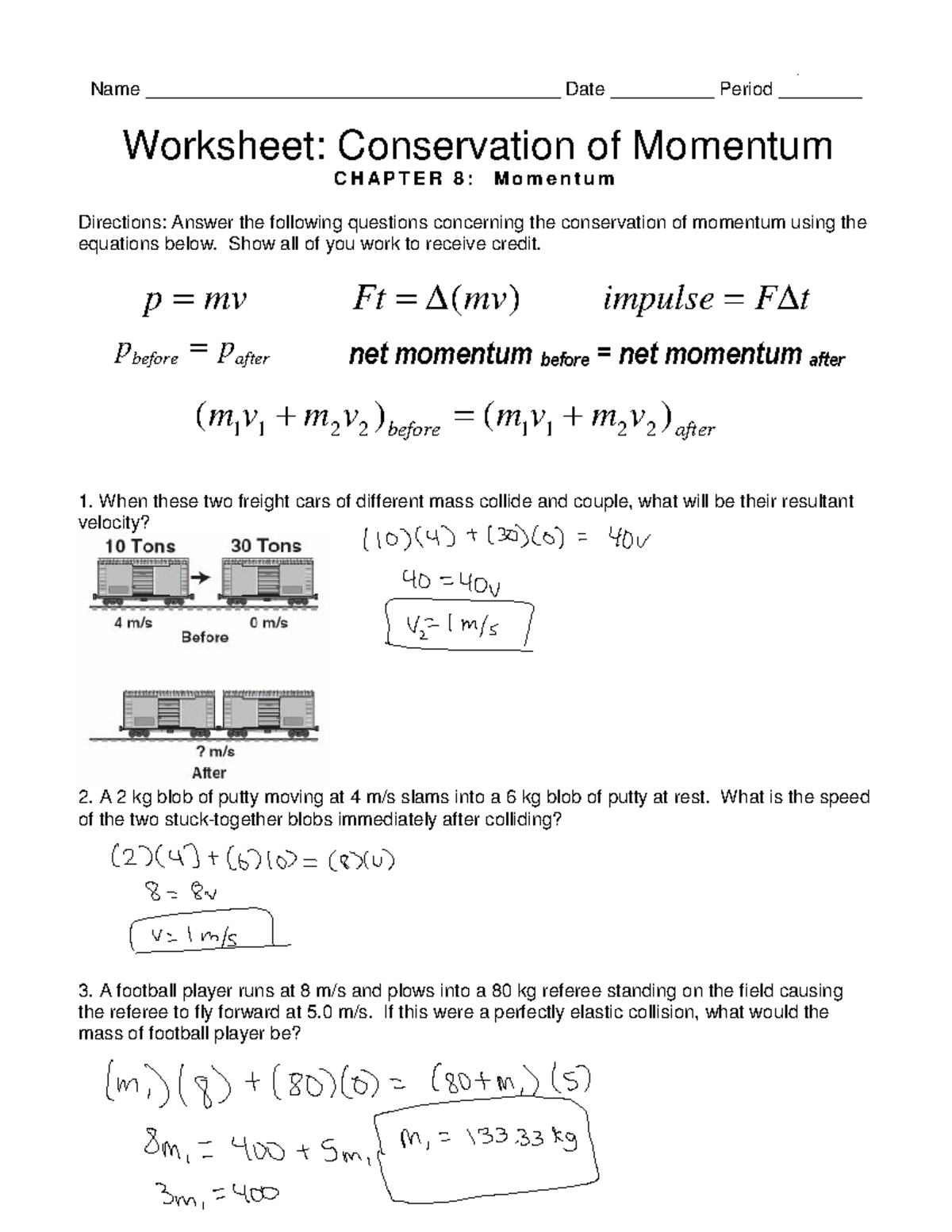 Physics Conservation Of Momentum Worksheet Name Date 