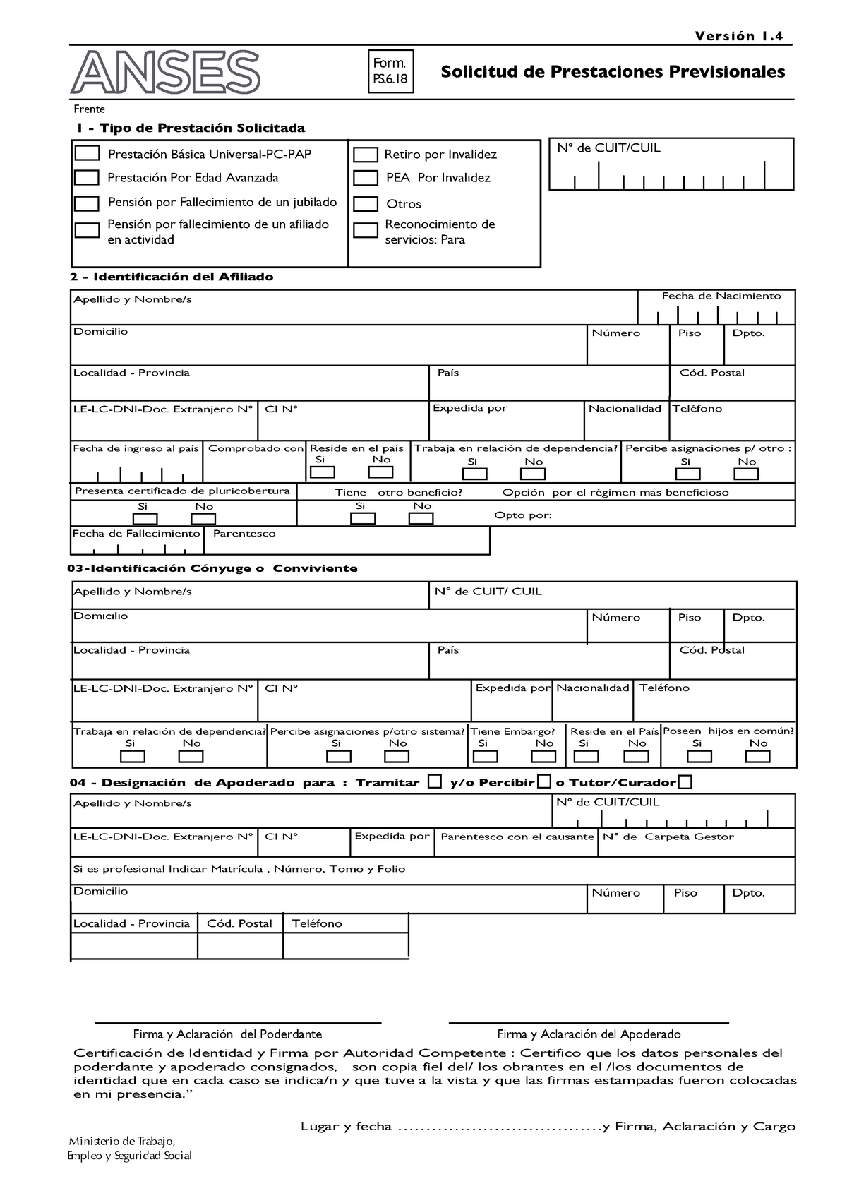 PS.6.18 Solicitud de Prestaciones Previsionales Form. .6. Frente