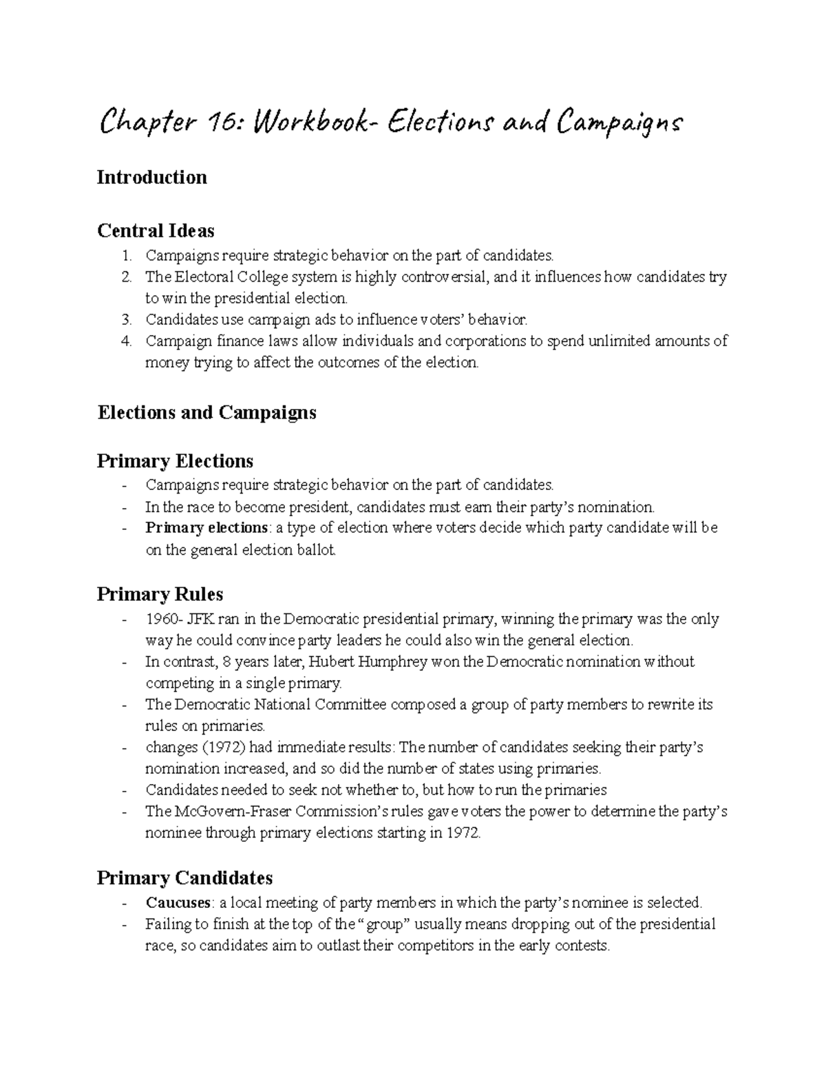 US POL- Chapter 16: Elections and Campaigns - Chapter 16: Workbook ...