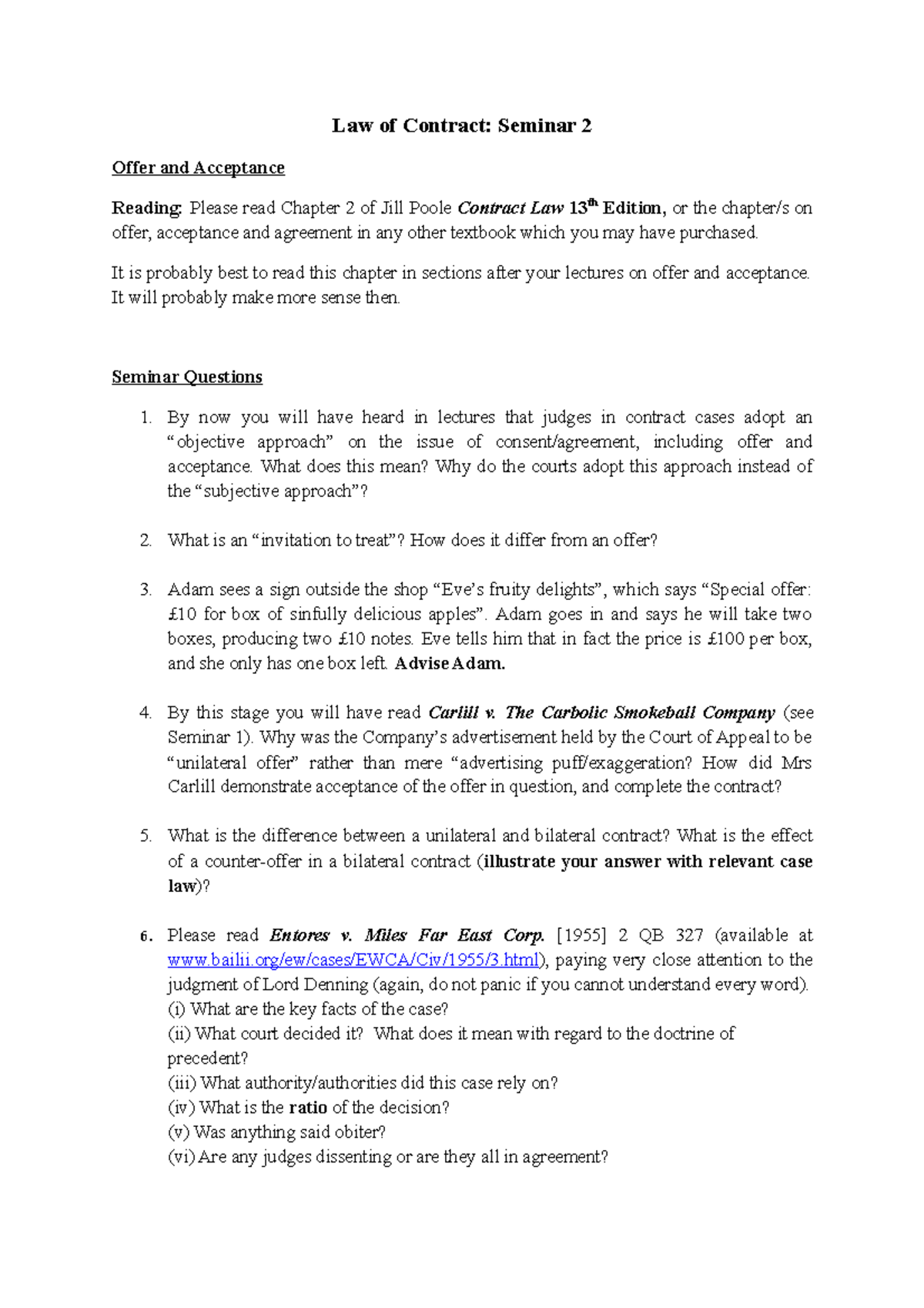 Law of Contract Seminar 2 - It is probably best to read this chapter in ...
