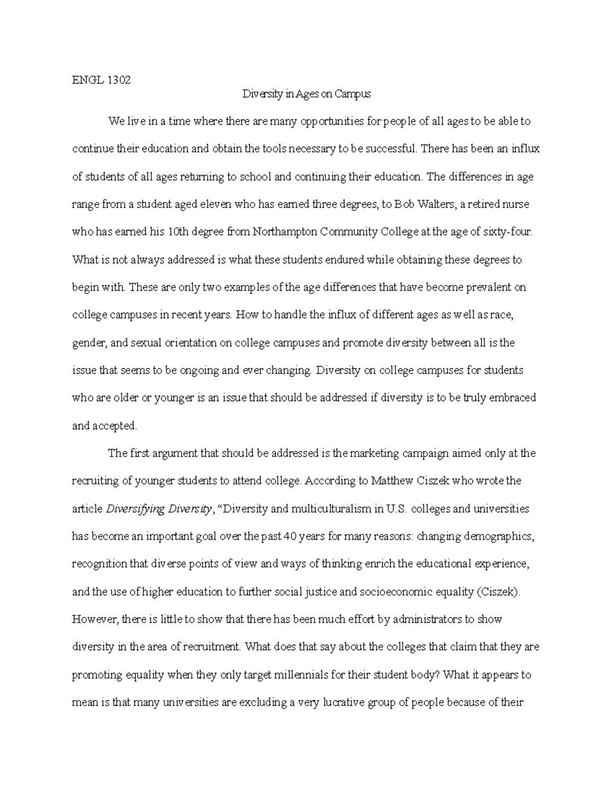 Collin College ENGL 1302 Diversity In Ages On Campus Term Paper ENGL