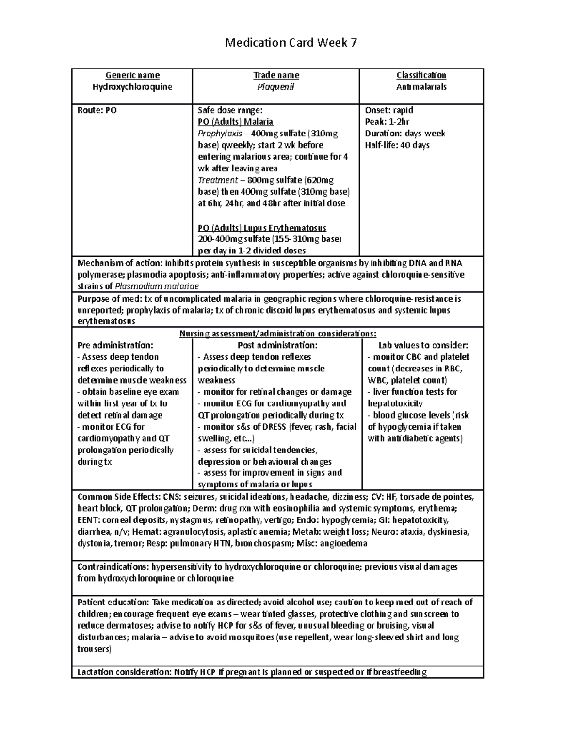 Medication Drug Card Week 7 - Medication Card Week 7 Generic name ...