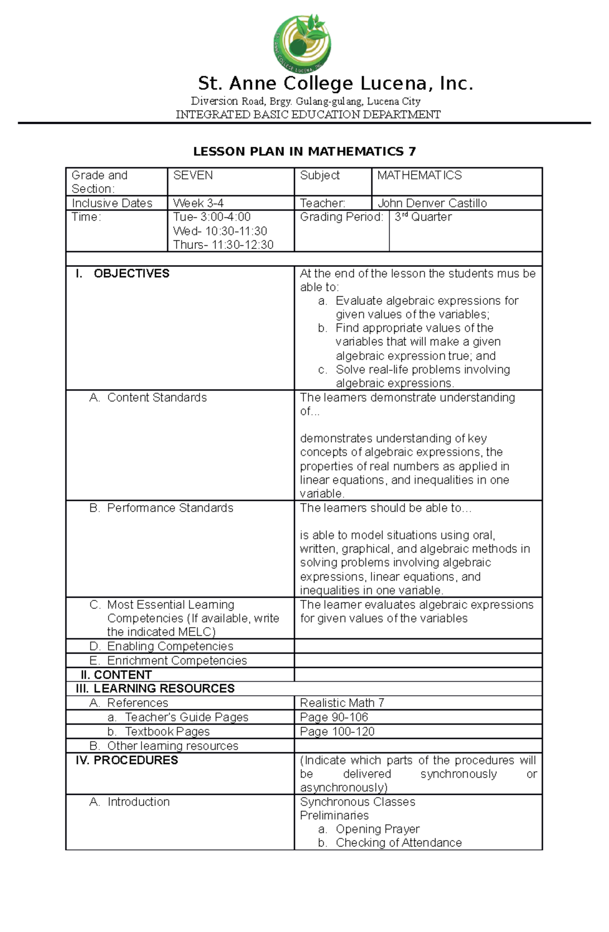Lesson PLAN Format - LCM stands for least common multiple. The least ...