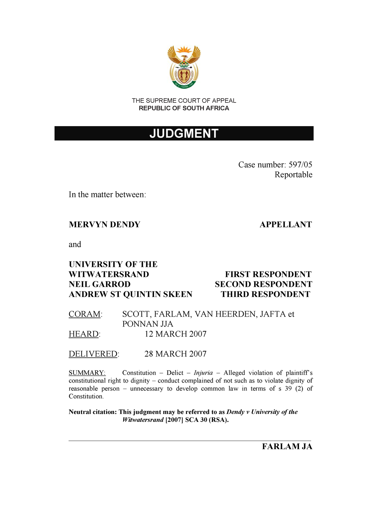 Dendy v University of Witwatersrand - THE SUPREME COURT OF APPEAL ...