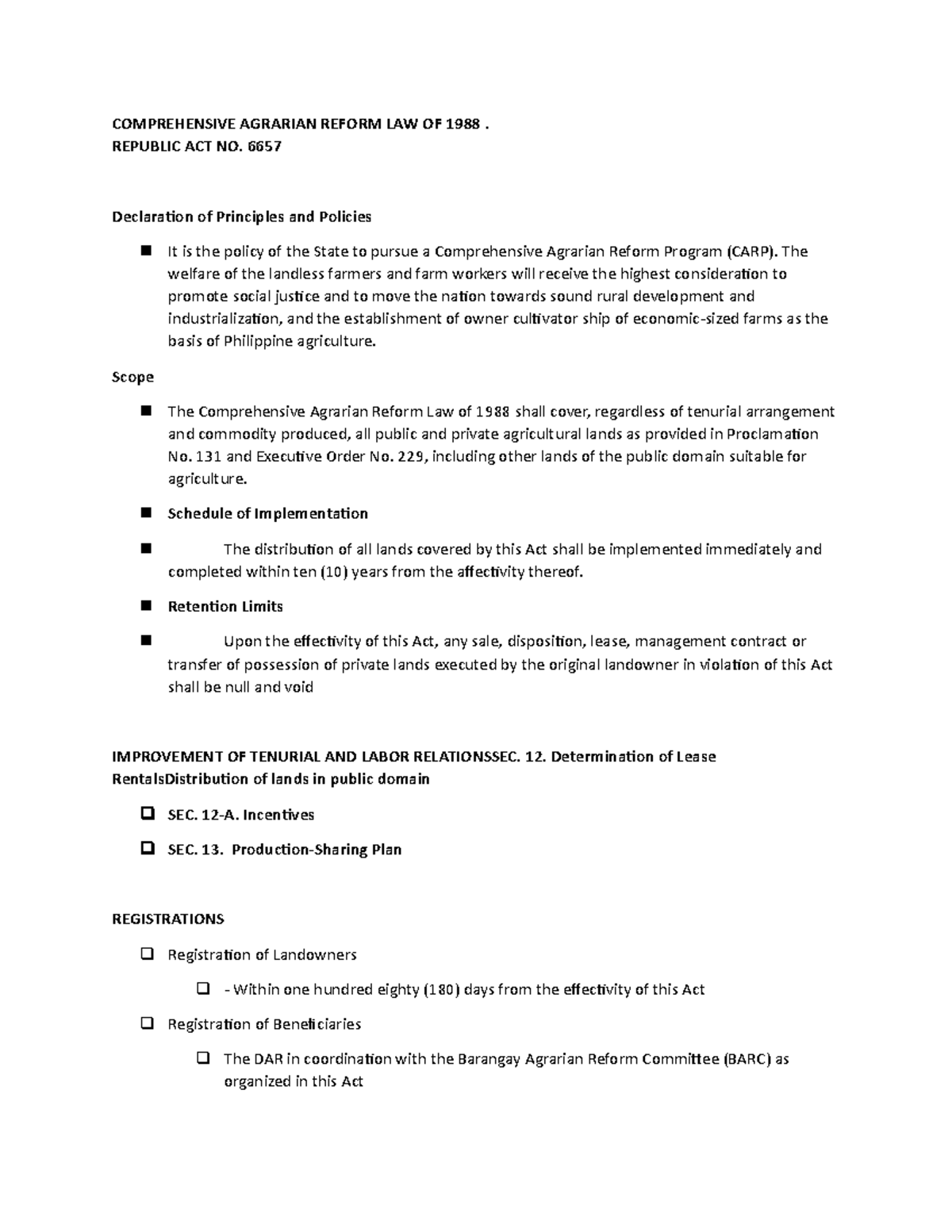Comprehensive Agrarian Reform LAW OF 1988 - COMPREHENSIVE AGRARIAN