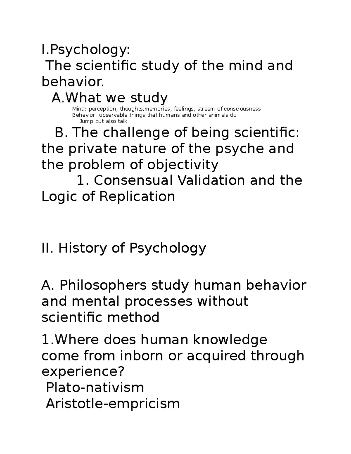 Chapter 1 Notes - I: The Scientific Study Of The Mind And Behavior. A ...