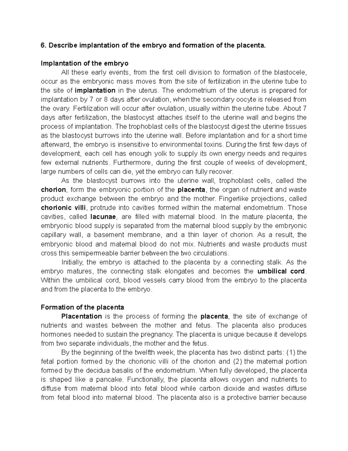 DQ12 6-8 - Embryo - Describe implantation of the embryo and formation ...