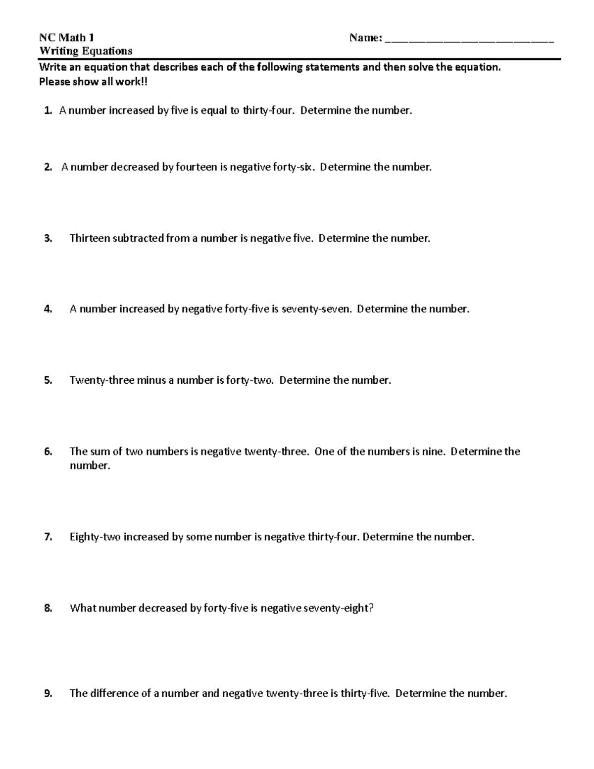 2.1 writing equations - Revision - NC Math 1 Name ...