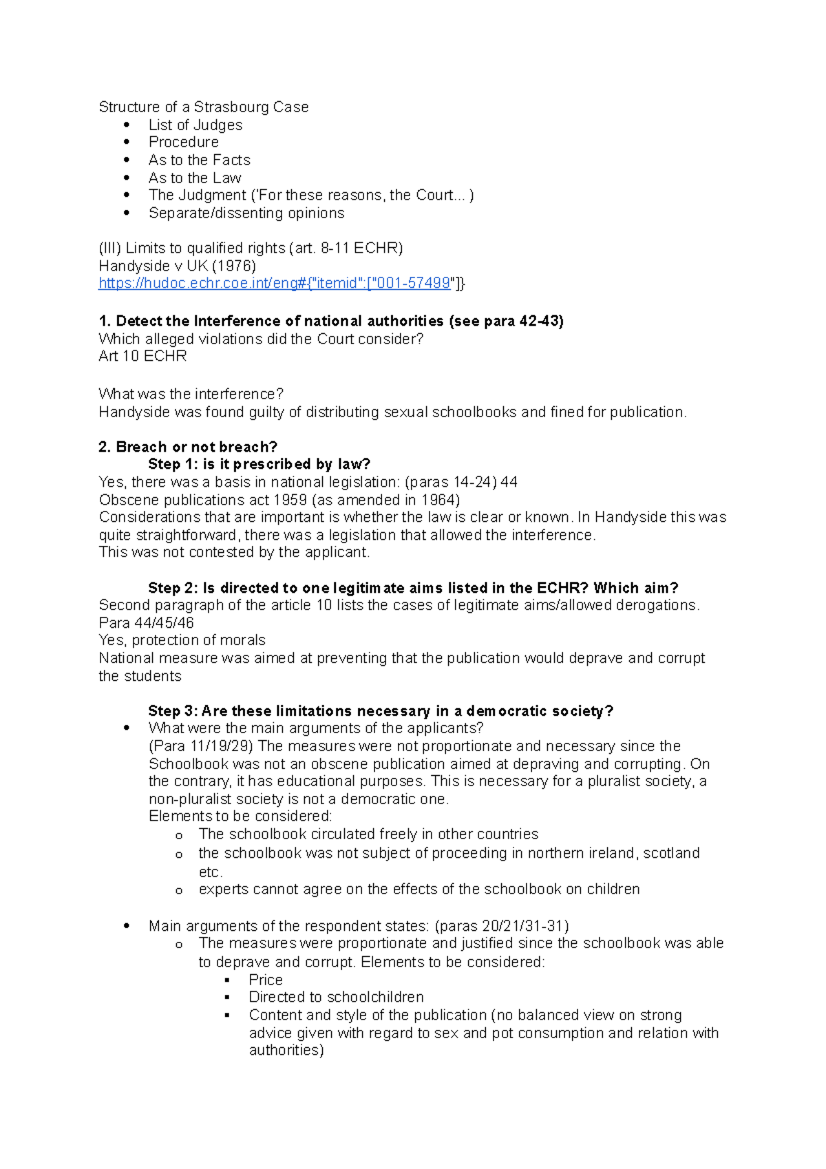 How to read a case Handyside v UK Summary Structure of a Strasbourg
