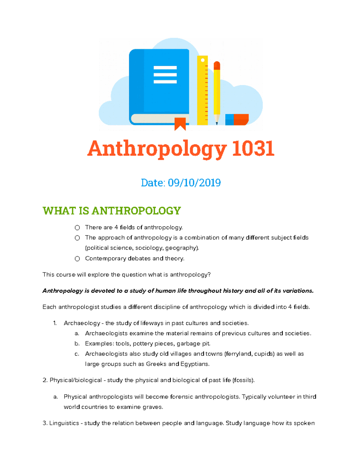 Anthropology (2019 ) - Lecture Notes - Anthropology 1031 Date: 09/10 ...