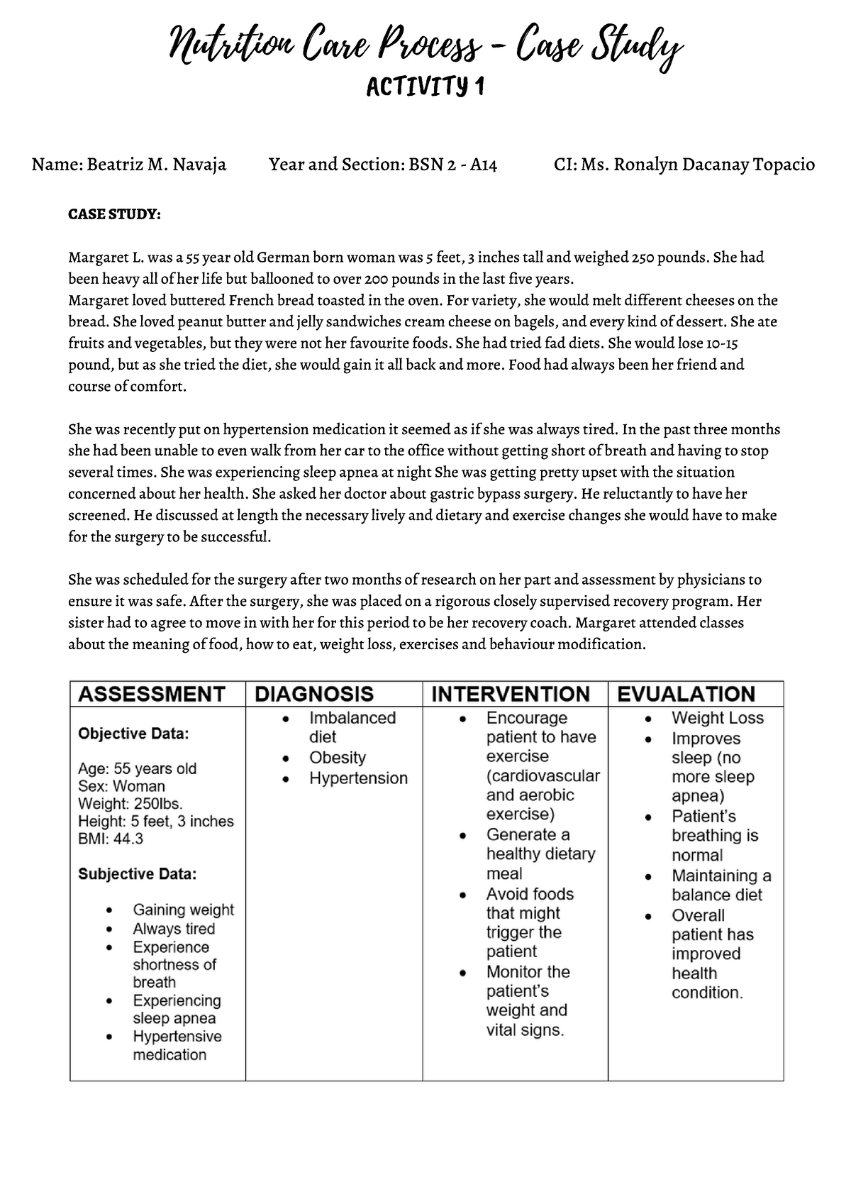 what does a case study look at nutrition