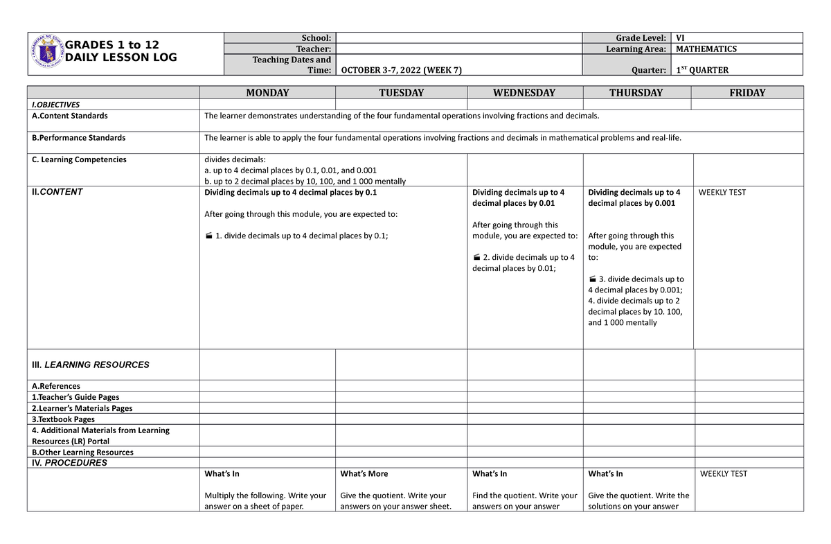 Dll Mathematics 6 Q1 W7 - Knjbhvcx - Grades 1 To 12 Daily Lesson Log 