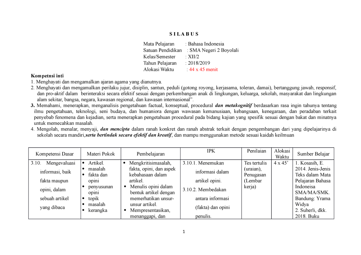 Silabus B.IND Kelas XII Semester 2 (7 Kolom) - S I L A B U S Mata ...