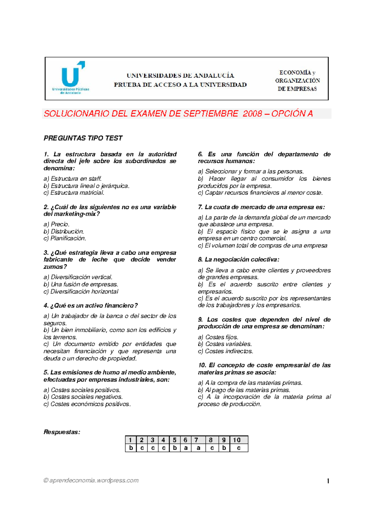 Examen Resuelto Selectividad Economia De La Empresa Septiembre 2008 ...