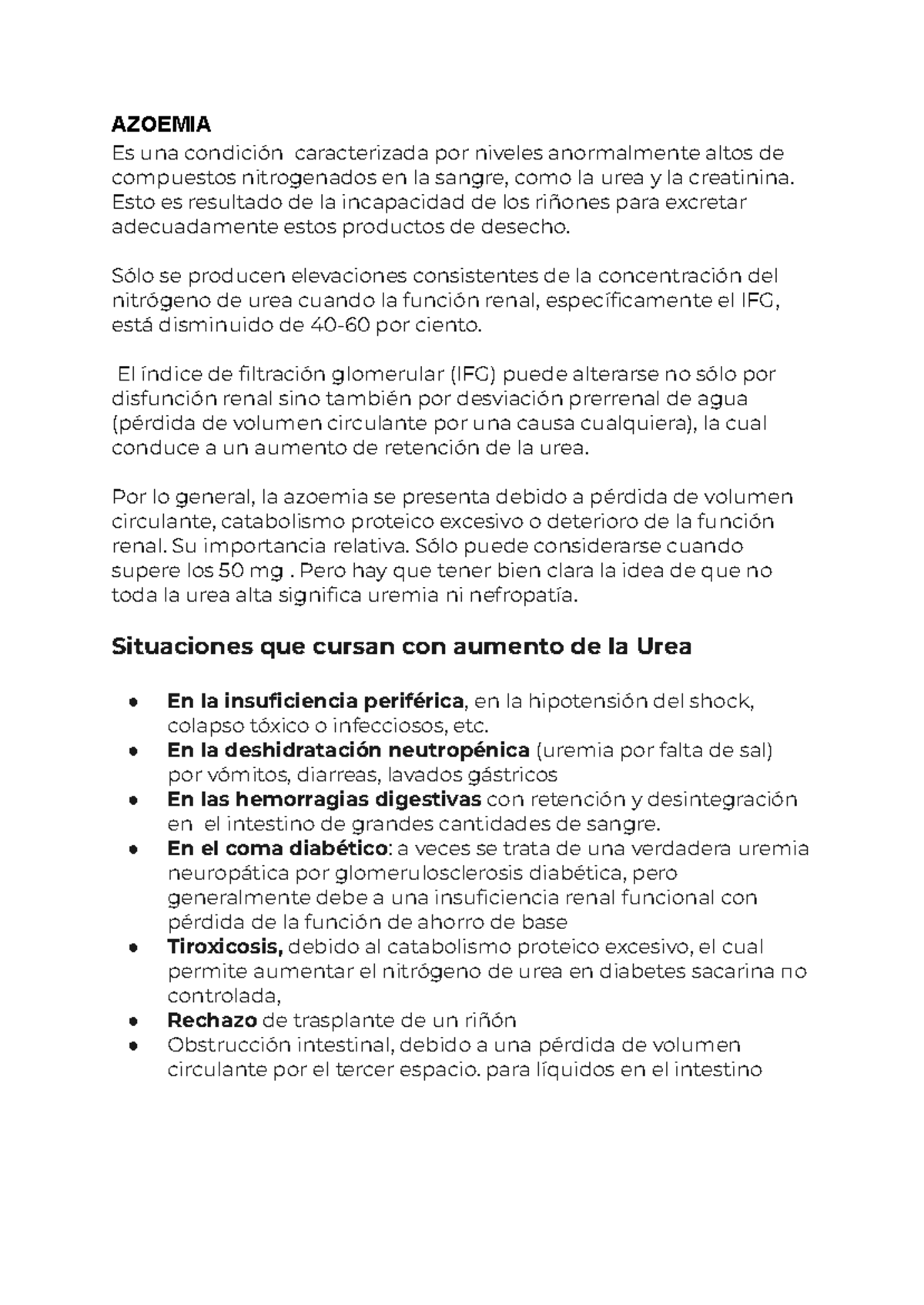 Azoemia - apuntes - AZOEMIA Es una condición caracterizada por niveles ...