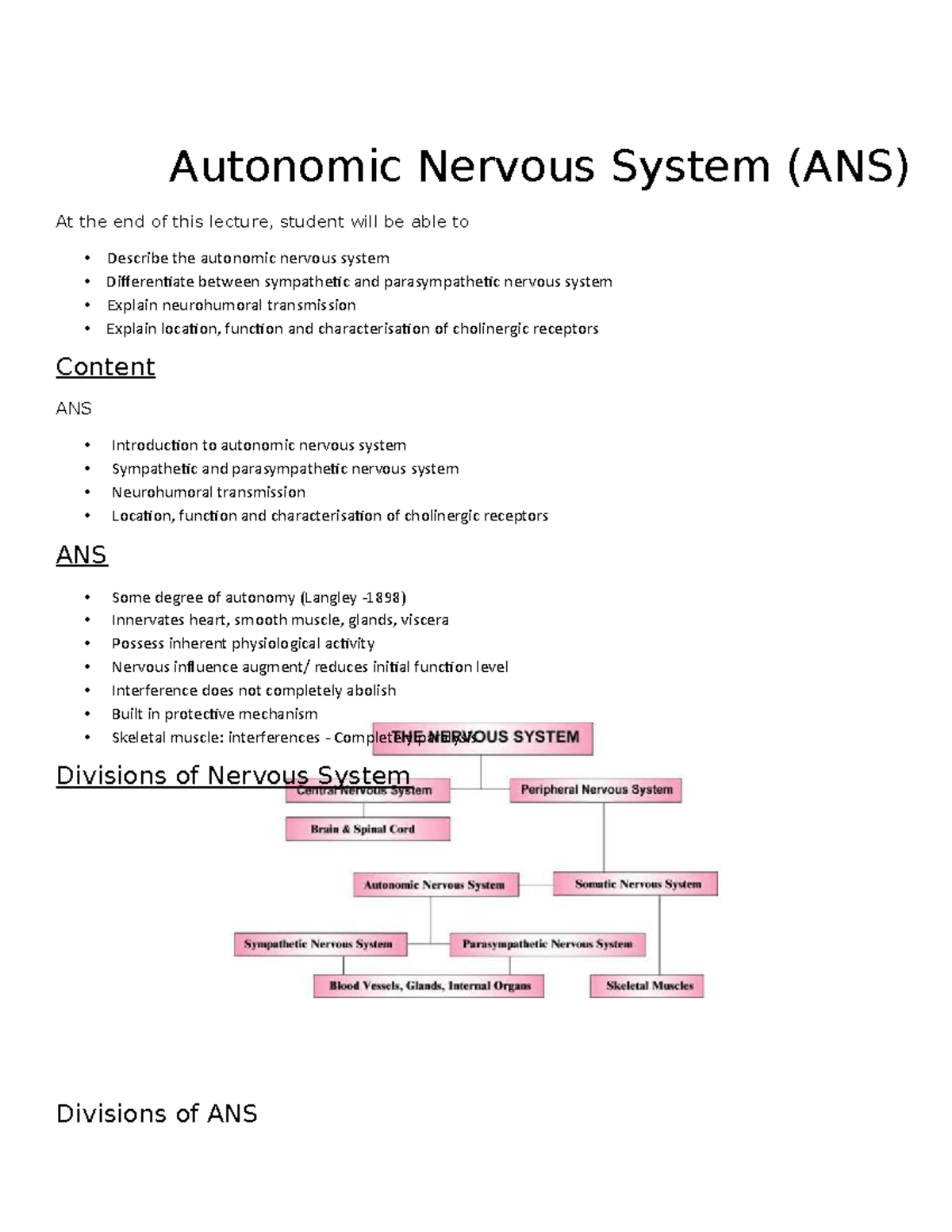 Chapter - 14 ANS 1-2 - Autonomic Nervous System (ANS) At the end of ...