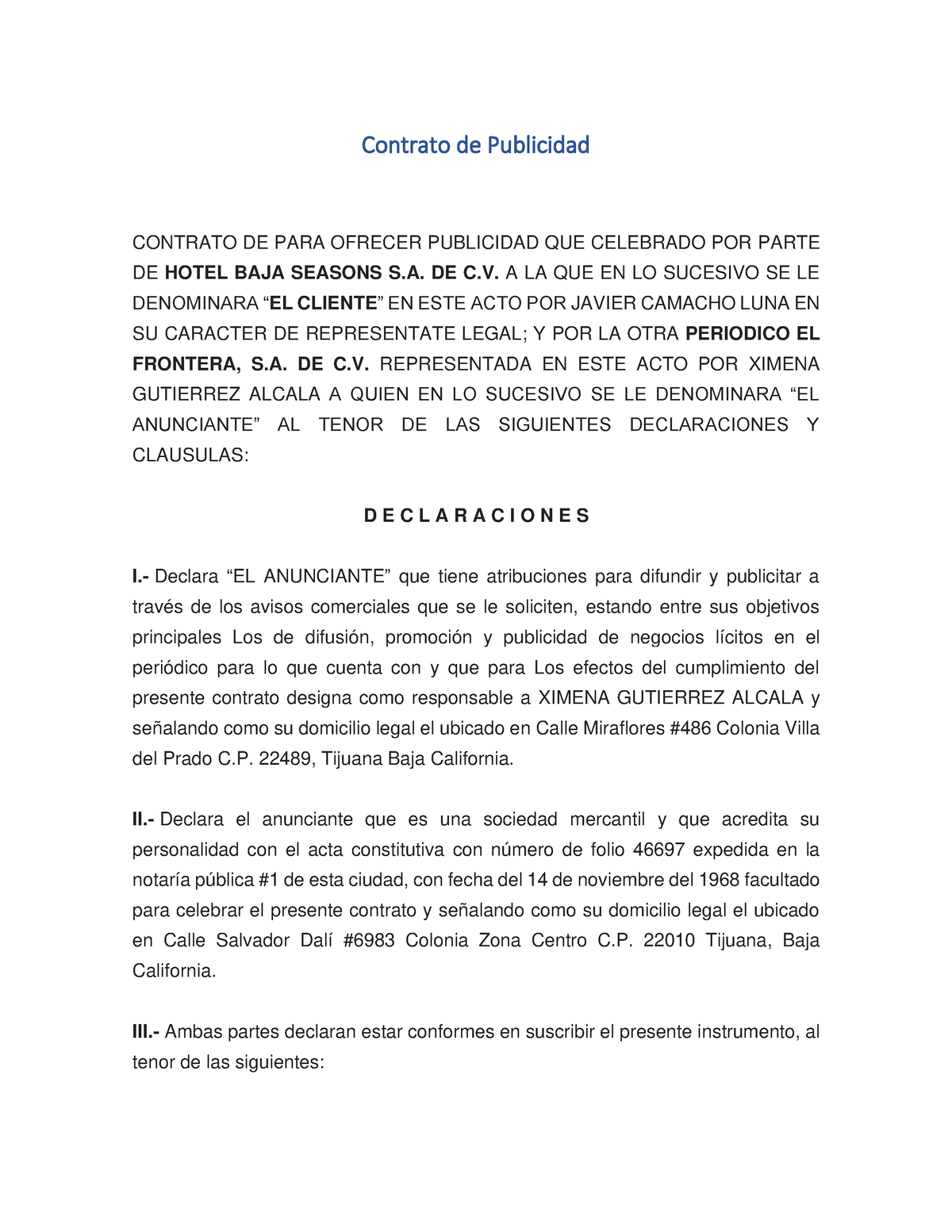 Contrato De Publicidad Contrato De Publicidad Contrato De Para Ofrecer Publicidad Que 3584