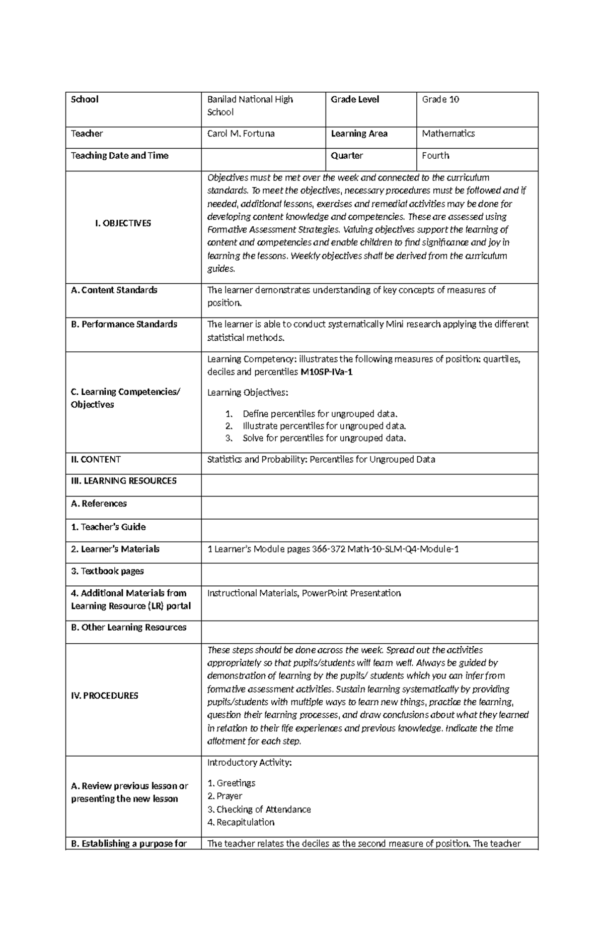 Module 1 DAY 3 Percentile - School Banilad National High School Grade ...