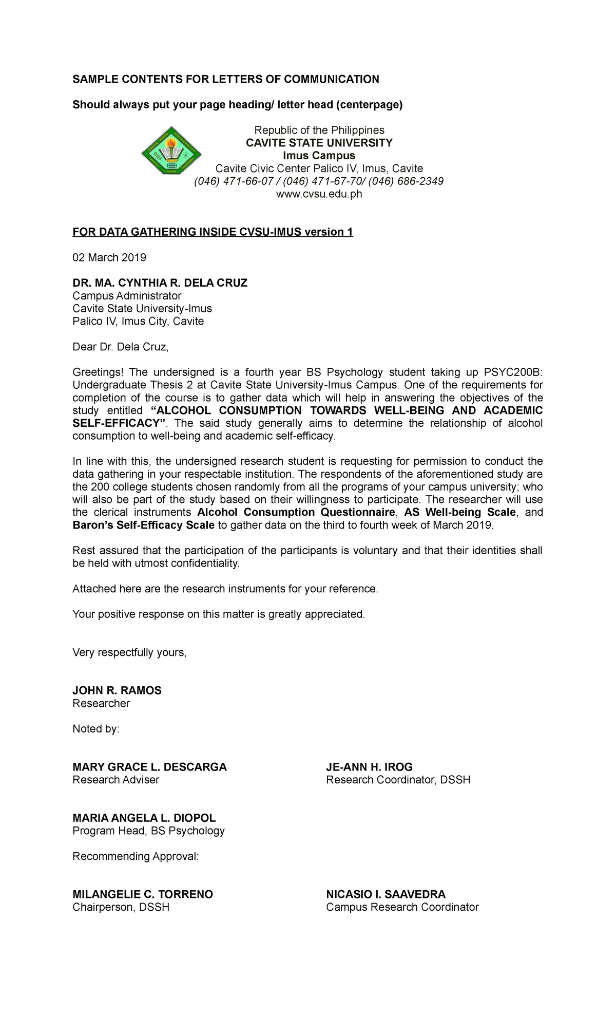 communication letter for thesis