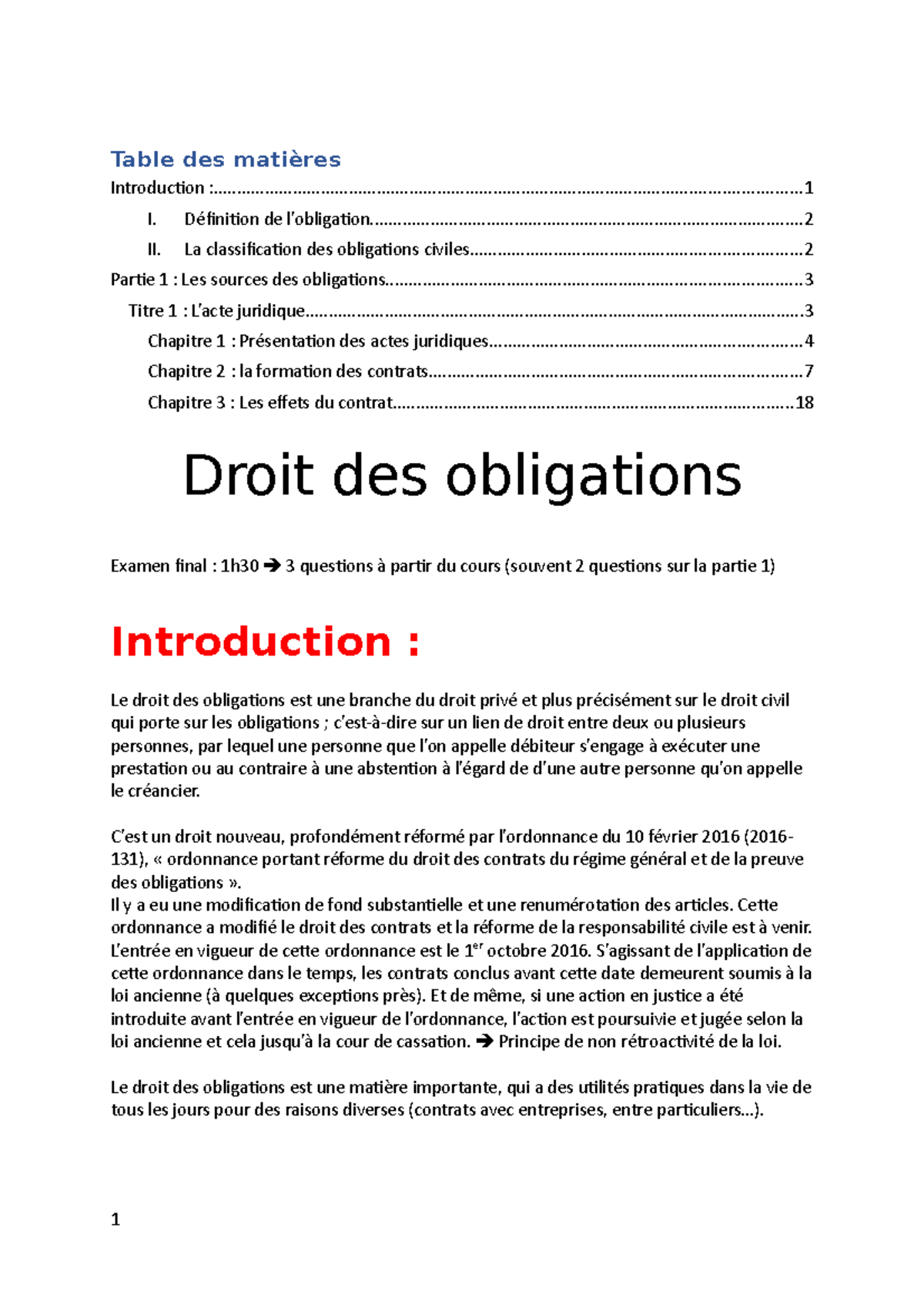 Droit Des Obligations - ####### Table Des Matières - Studocu