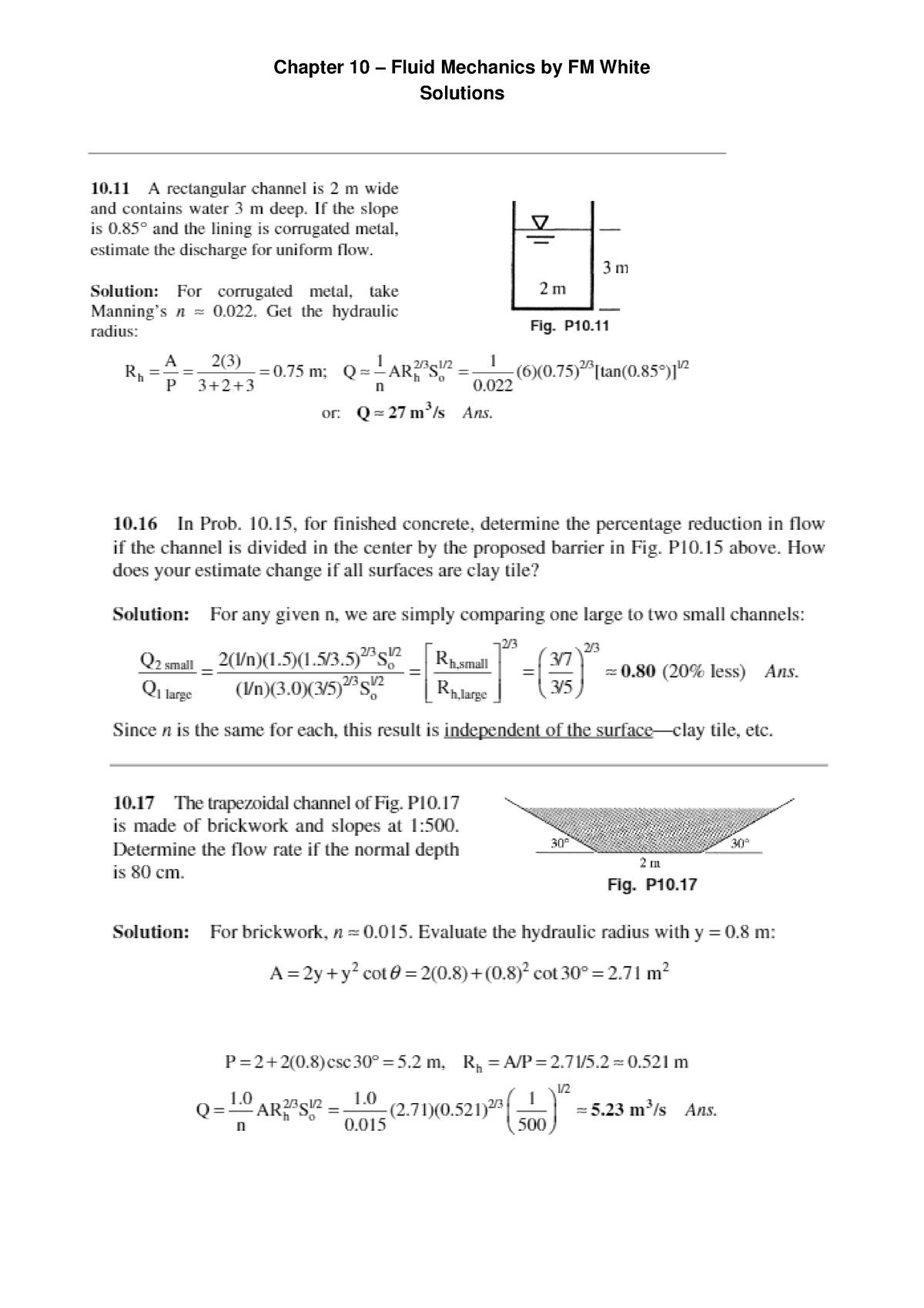 Ch 10 solutions - Channel flow calculations example - S4 - Chapter 10 ...