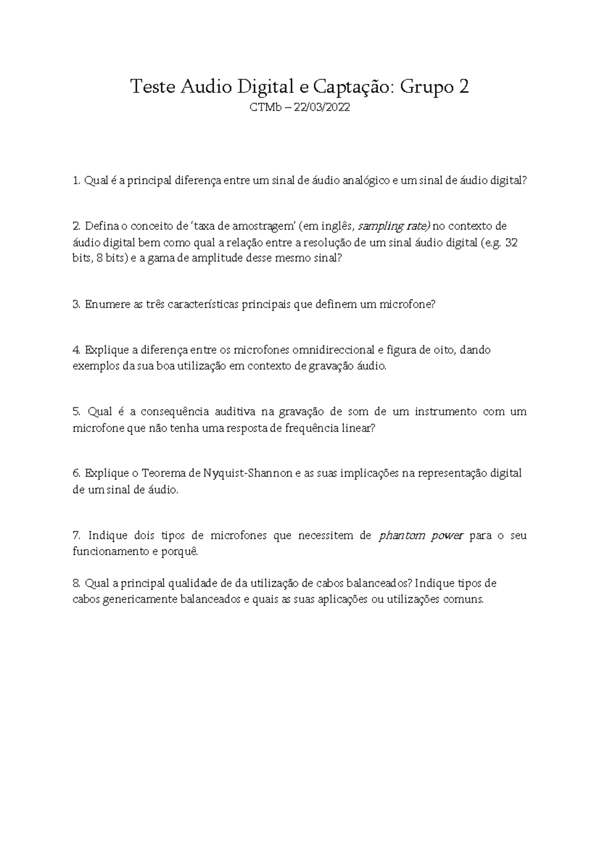 Teste Audio Digital e Captação 2021/2022 - Teste Audio Digital e ...