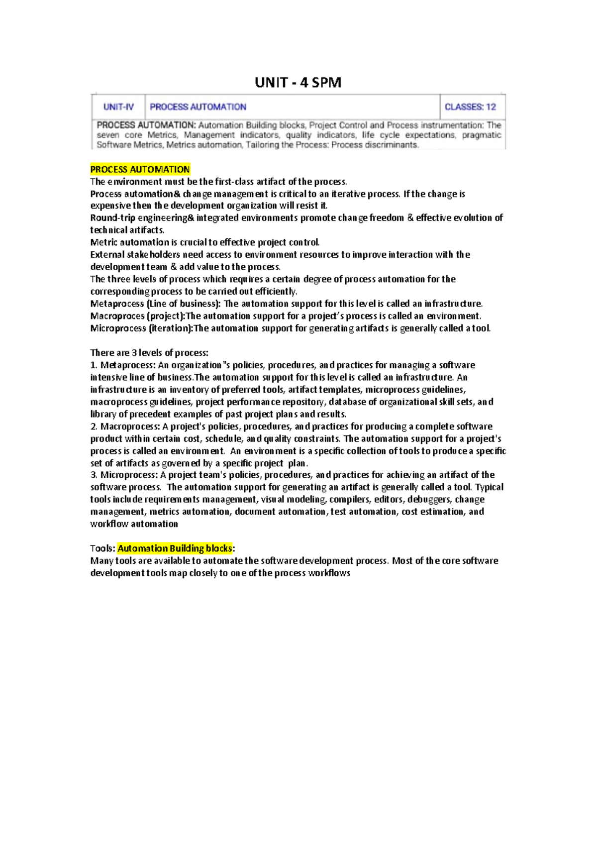 SPM4 merged - UNIT - 4 SPM PROCESS AUTOMATION The environment must be ...