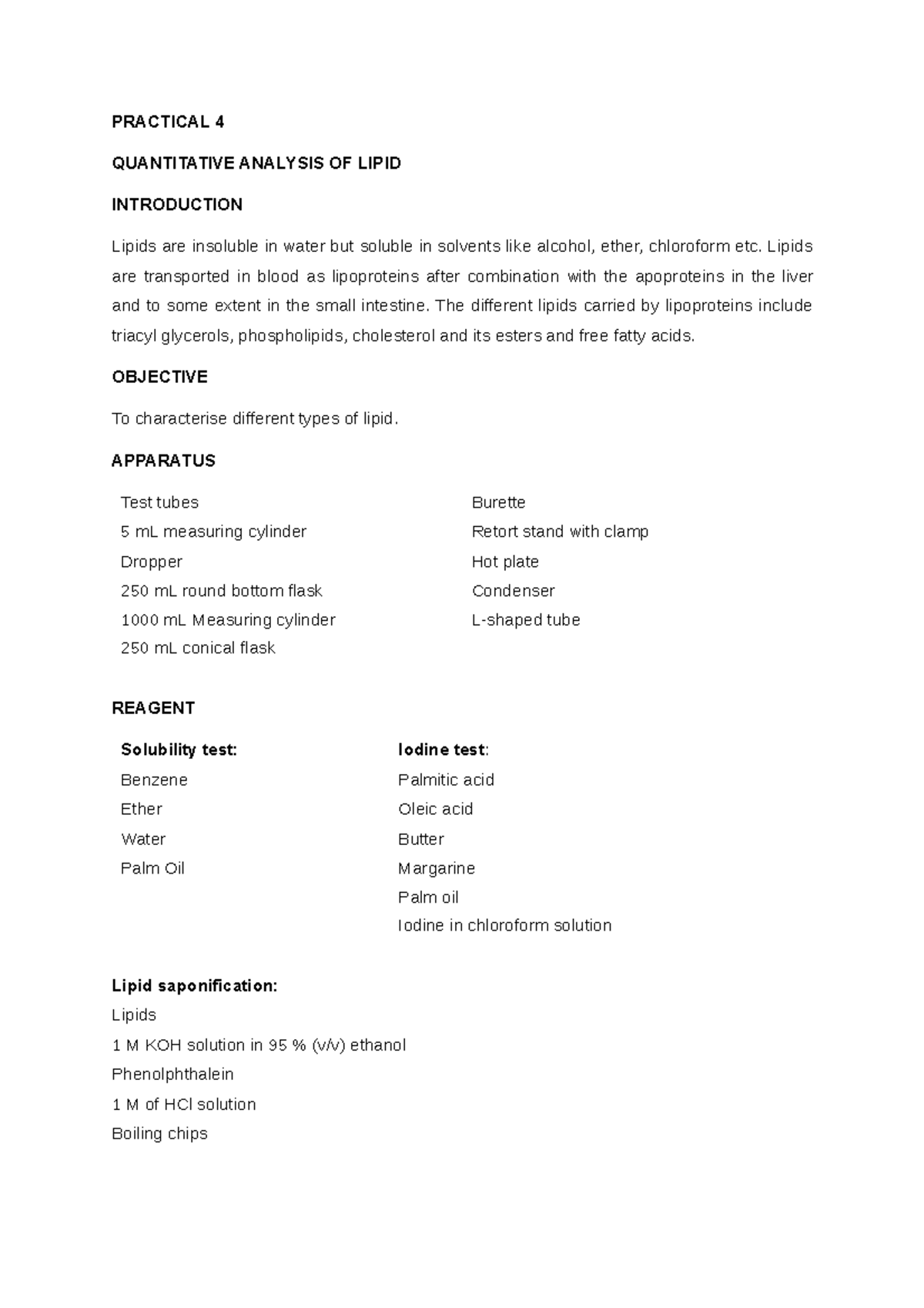 Practical 4 Quantitative Analysis OF Lipid PRACTICAL 4 QUANTITATIVE