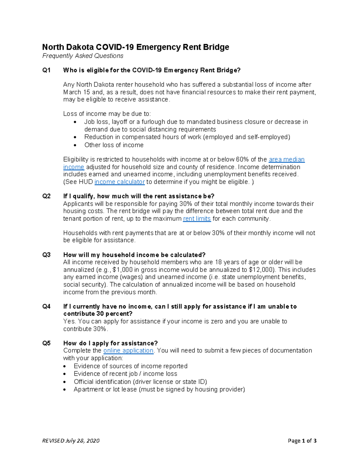 Covid 19 emergency rent bridge faq REVISED July 28, 2020 Page 1 of 3