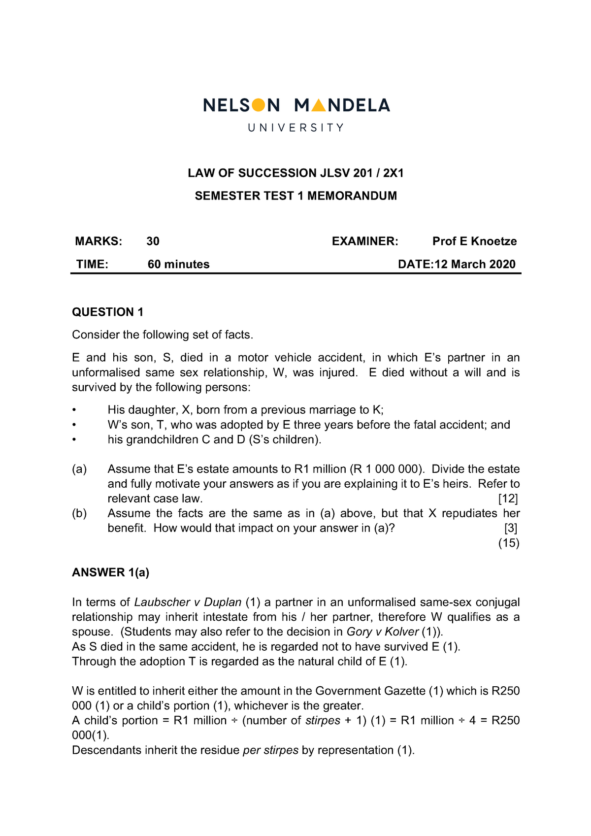 2020 Law Of Succession Test 1 Memorandum PDF - LAW OF SUCCESSION JLSV ...