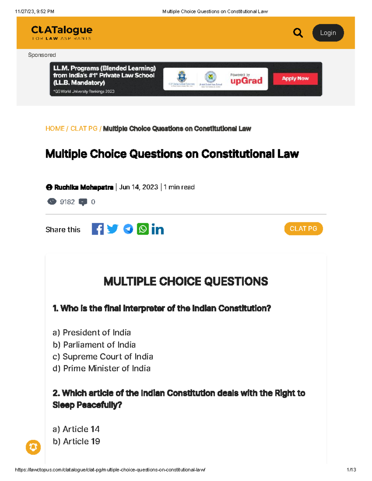 Multiple Choice Questions on Constitutional Law - Who is the final interpreter of the Indian ...