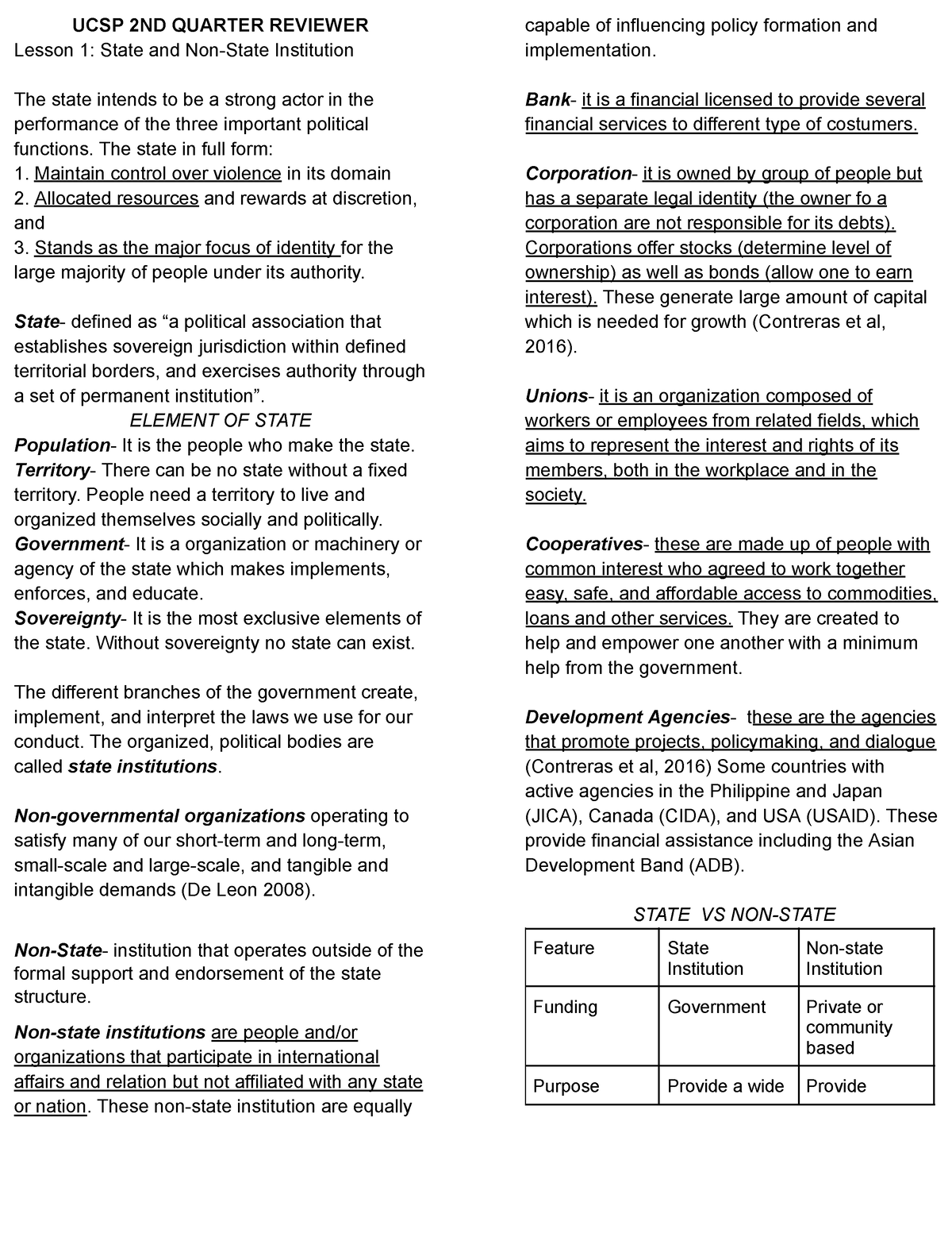 UCSP Q2 Reviewer 1 - Read - UCSP 2ND QUARTER REVIEWER Lesson 1: State ...