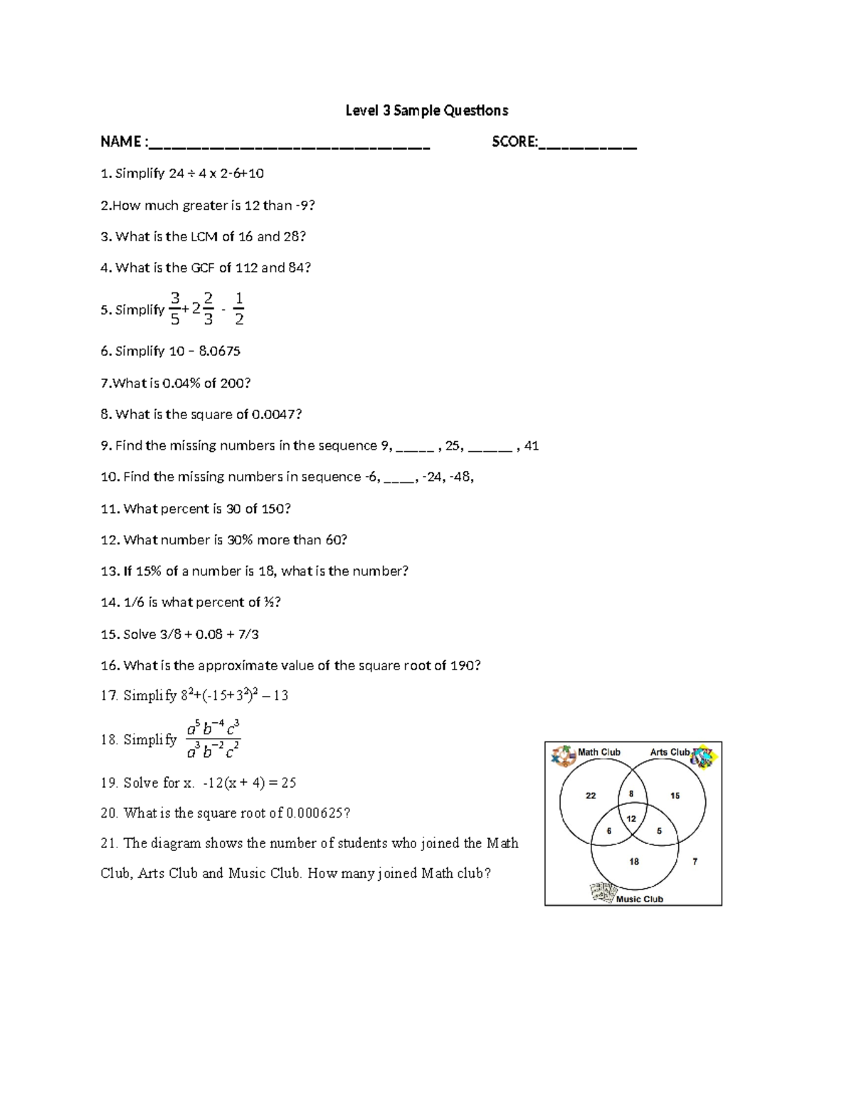 NUMERICAL ABILITY Level-3-Sample-Questions - Level 3 Sample Questions ...