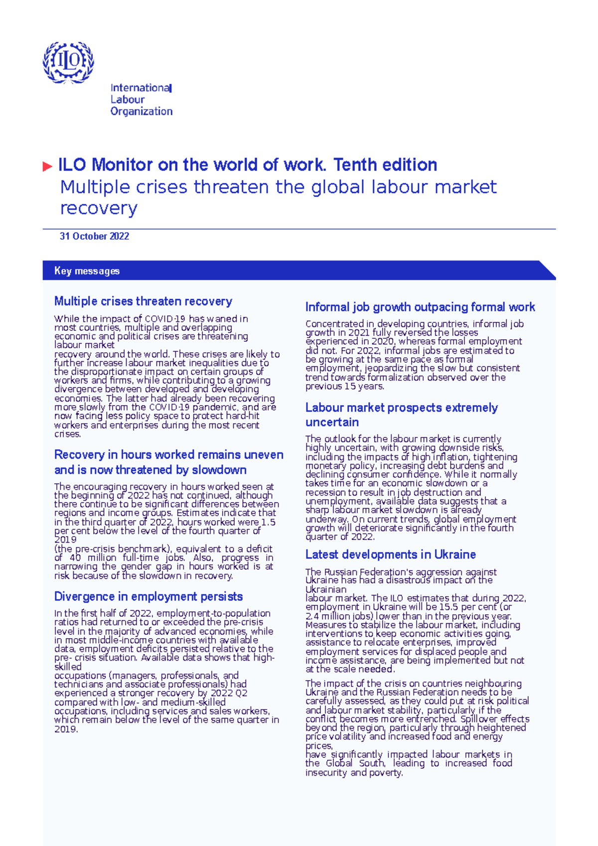 International Labour Market - ILO Monitor on the world of work. Tenth ...